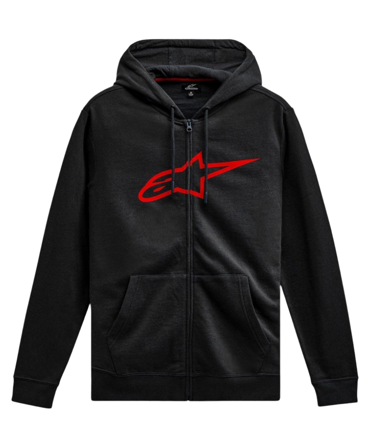 Alpinestars Ageless Zip V3 Hoodie, casual motorsport streetwear, black with red Astars logo, full-length zipper, drawstring hood, long sleeves, ribbed cuffs and hem
