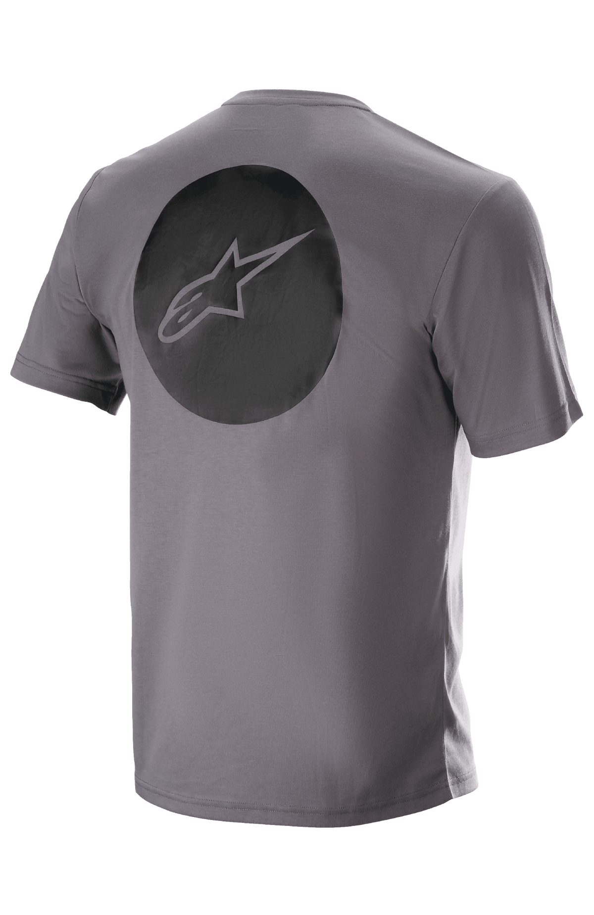 Alpinestars Dot Tech Tee, Short Sleeve, Sparrow Gray, back view featuring a large black circular graphic with the Alpinestars star logo, technical moisture-wicking MTB apparel