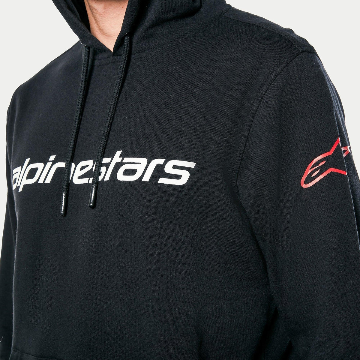 Alpinestars Linear Wordmark V3 Hoodie, Black, White Alpinestars wordmark on chest and Red Ageless logo on sleeve, casual sportswear pullover fleece with drawstring hood