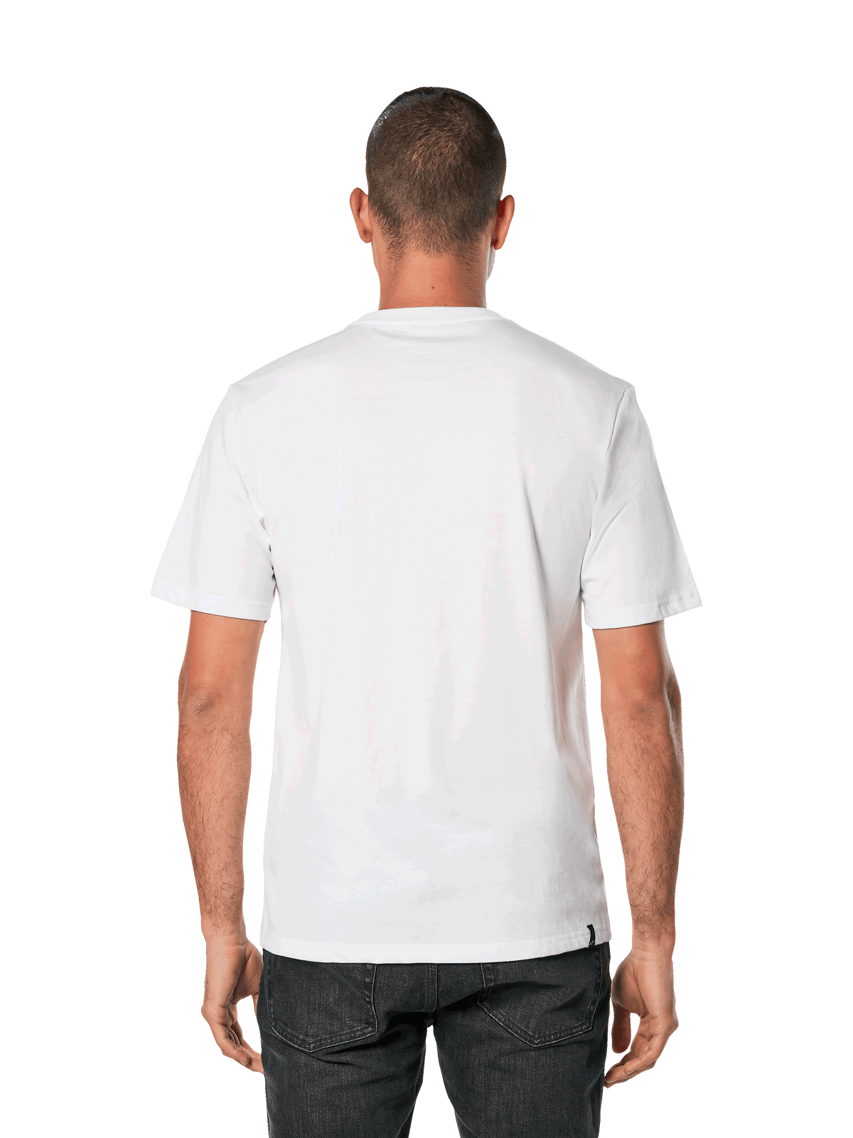 Alpinestars Blaze 2.0 CSF Tee, Short Sleeve T-Shirt, White Navy Blue, back view of a man wearing a plain white tee with black pants, casual motorsport streetwear