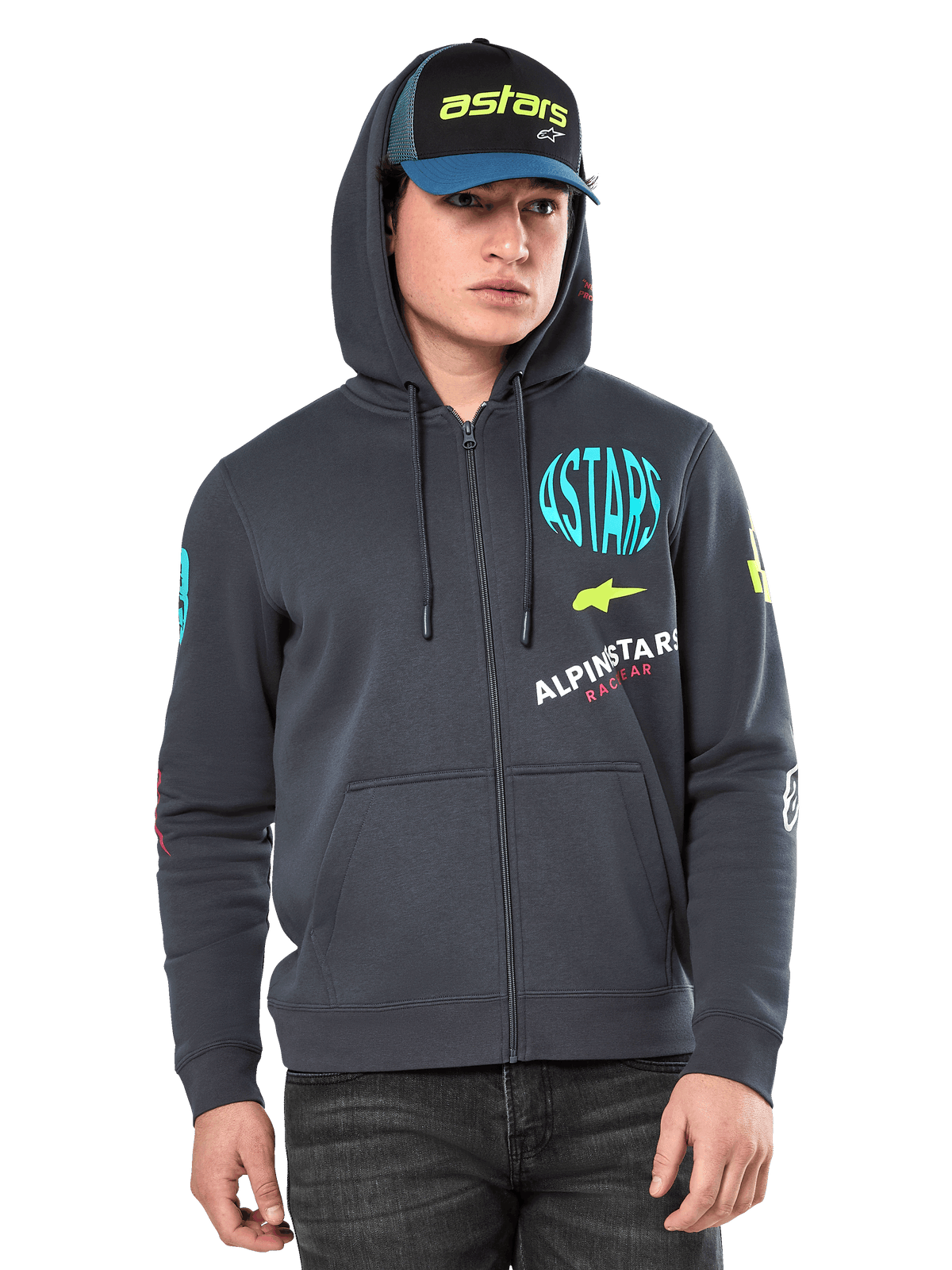 Alpinestars Variegate Hoodie, Zip-front fleece hoodie, Gunmetal gray with multi-color logo graphics on chest and sleeves, worn by model with matching cap, casual streetwear with kangaroo pockets and full-length zipper
