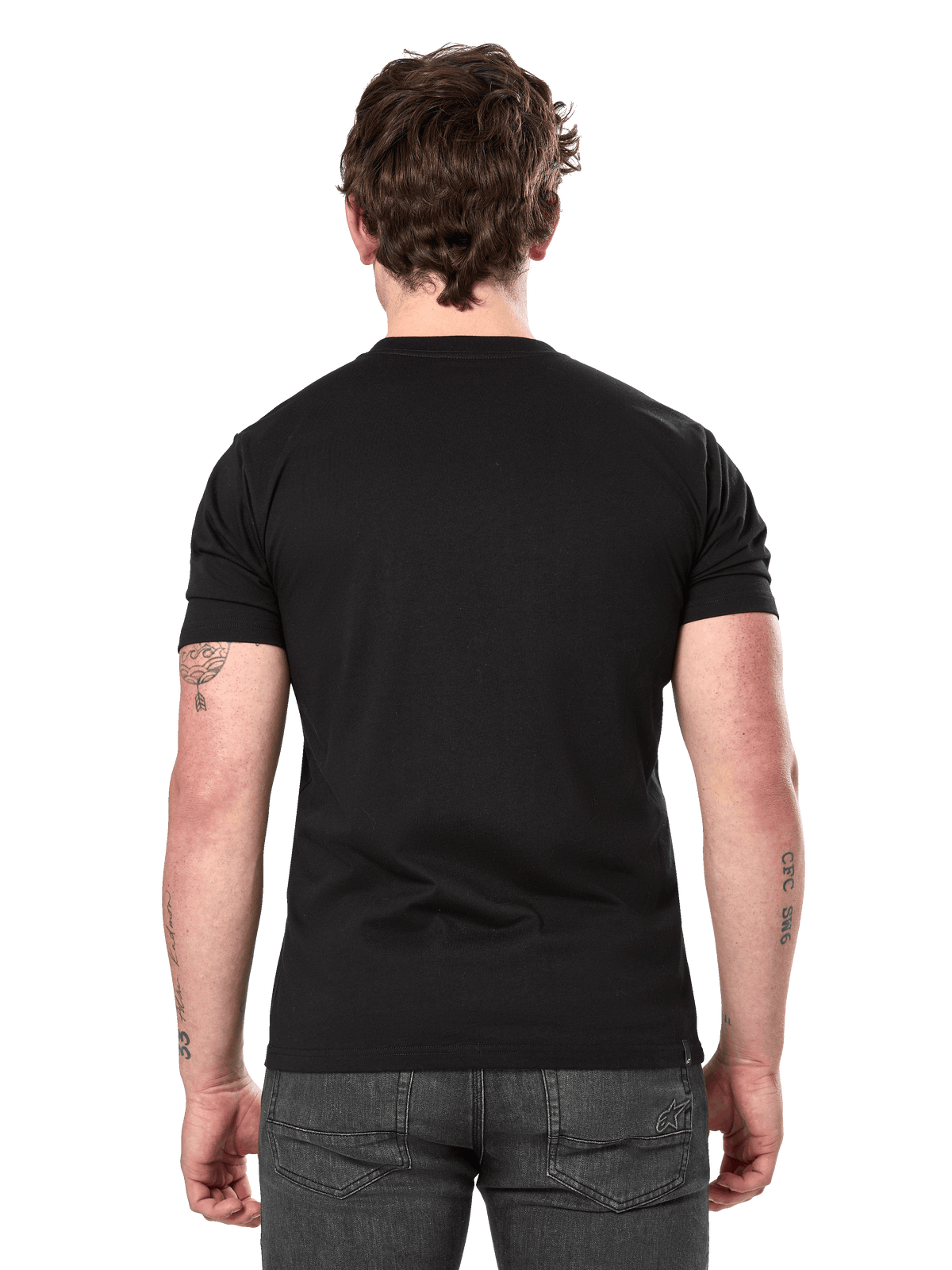 Alpinestars Semicircle CSF Tee, Short Sleeve T-Shirt, Black, back view on model, plain reverse side, casual motorsport streetwear, styled with dark gray jeans