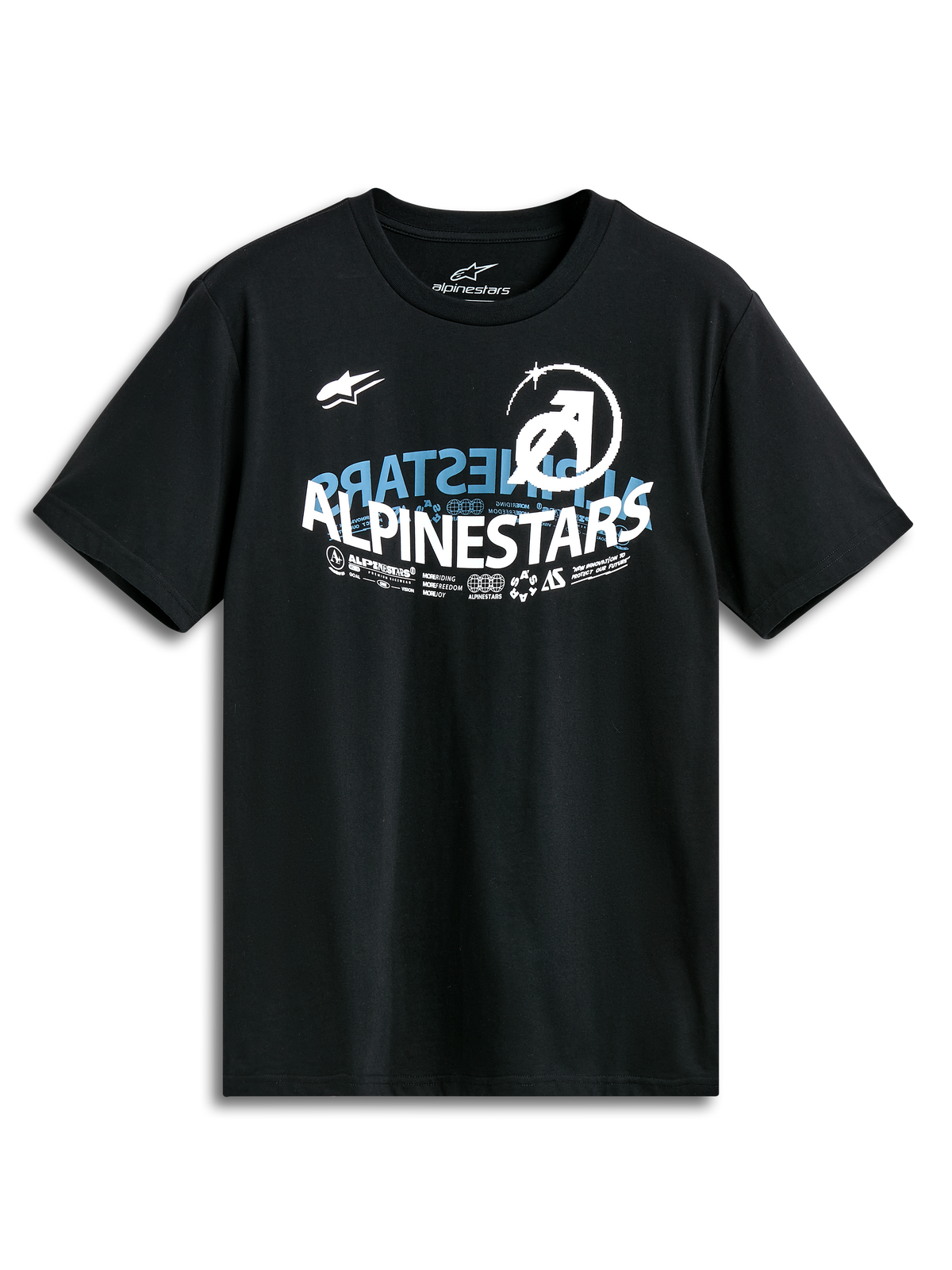 Alpinestars Semicircle Csf Tee, Short Sleeve T-Shirt, Black, front Alpinestars semicircle curved graphic with blue and white accents, casual motorsport-inspired design