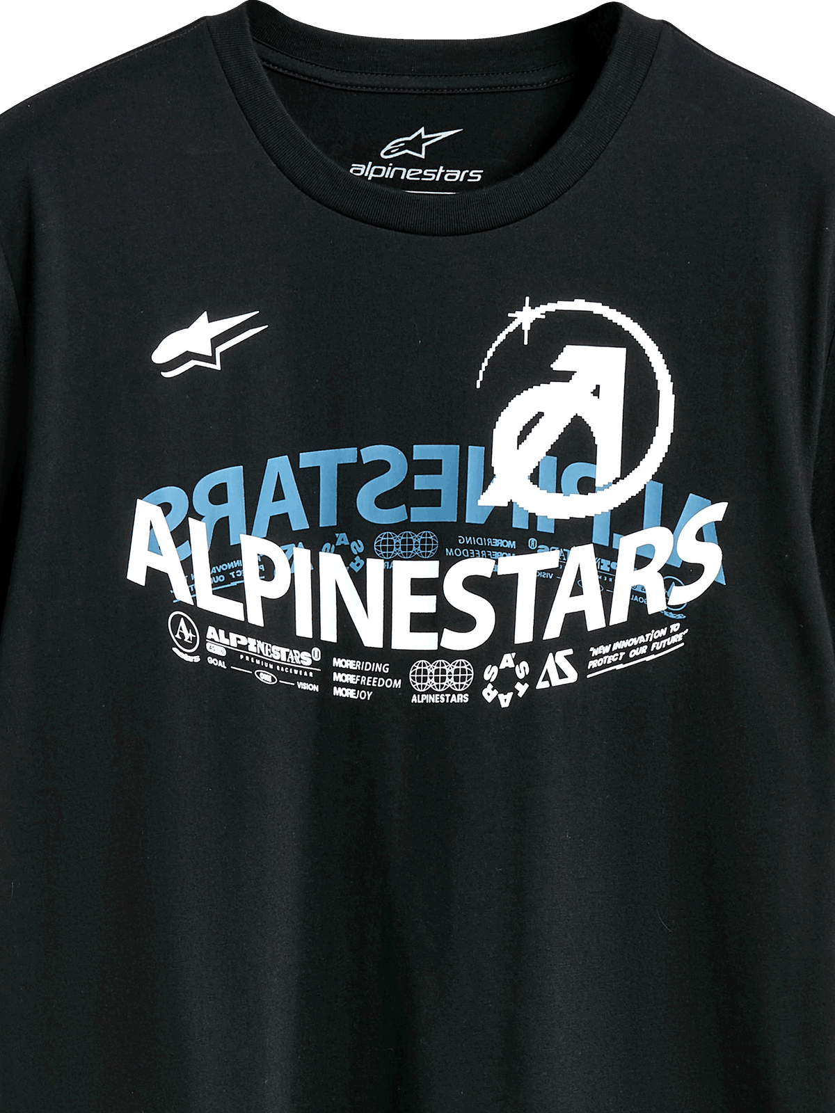 Alpinestars Semicircle CSF Tee, Short Sleeve T-Shirt, Black, featuring a complex curved Alpinestars graphic in white and blue with technical icons and slogans, Casual Motorsport Streetwear