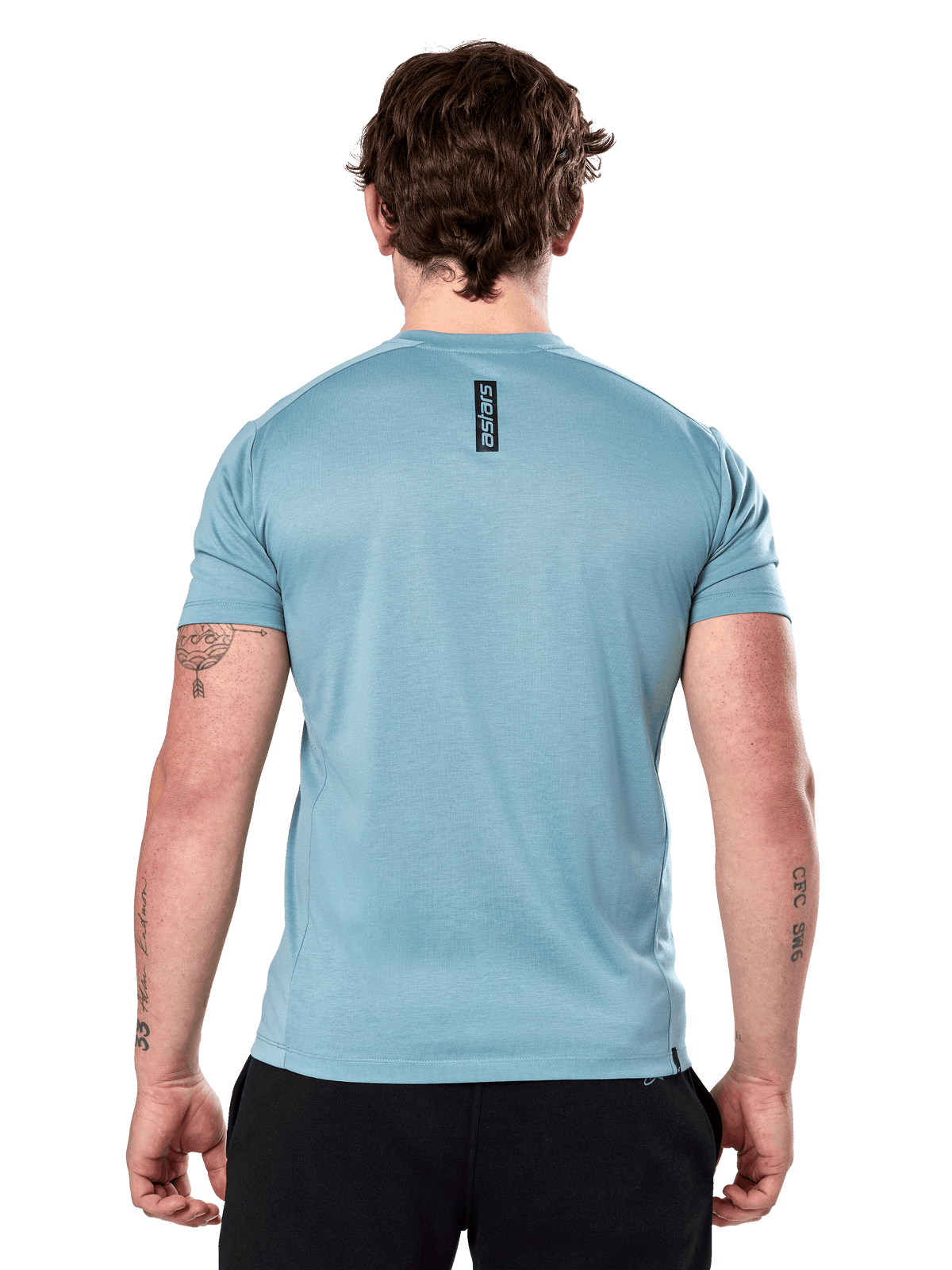 Alpinestars Point Performance Tee - Short Sleeve, Ice Blue, back view featuring small vertical black 'astars' word logo on upper back, moisture-wicking performance fabric, casual sportswear