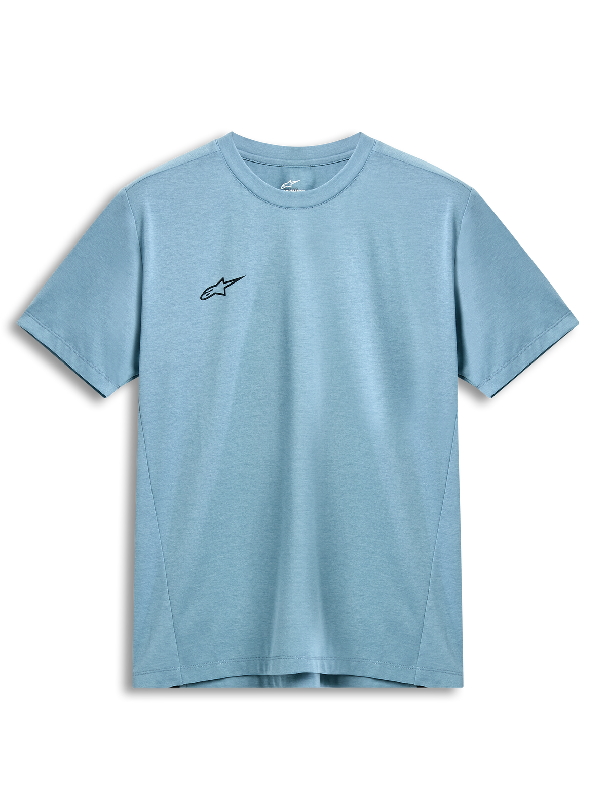 Alpinestars Point Performance Tee, Short Sleeve T-Shirt, Ice Blue, Small Black Star Logo on Chest, Crew Neck, Sustainable Performance Wicking Fabric, Casual Motorsport Streetwear