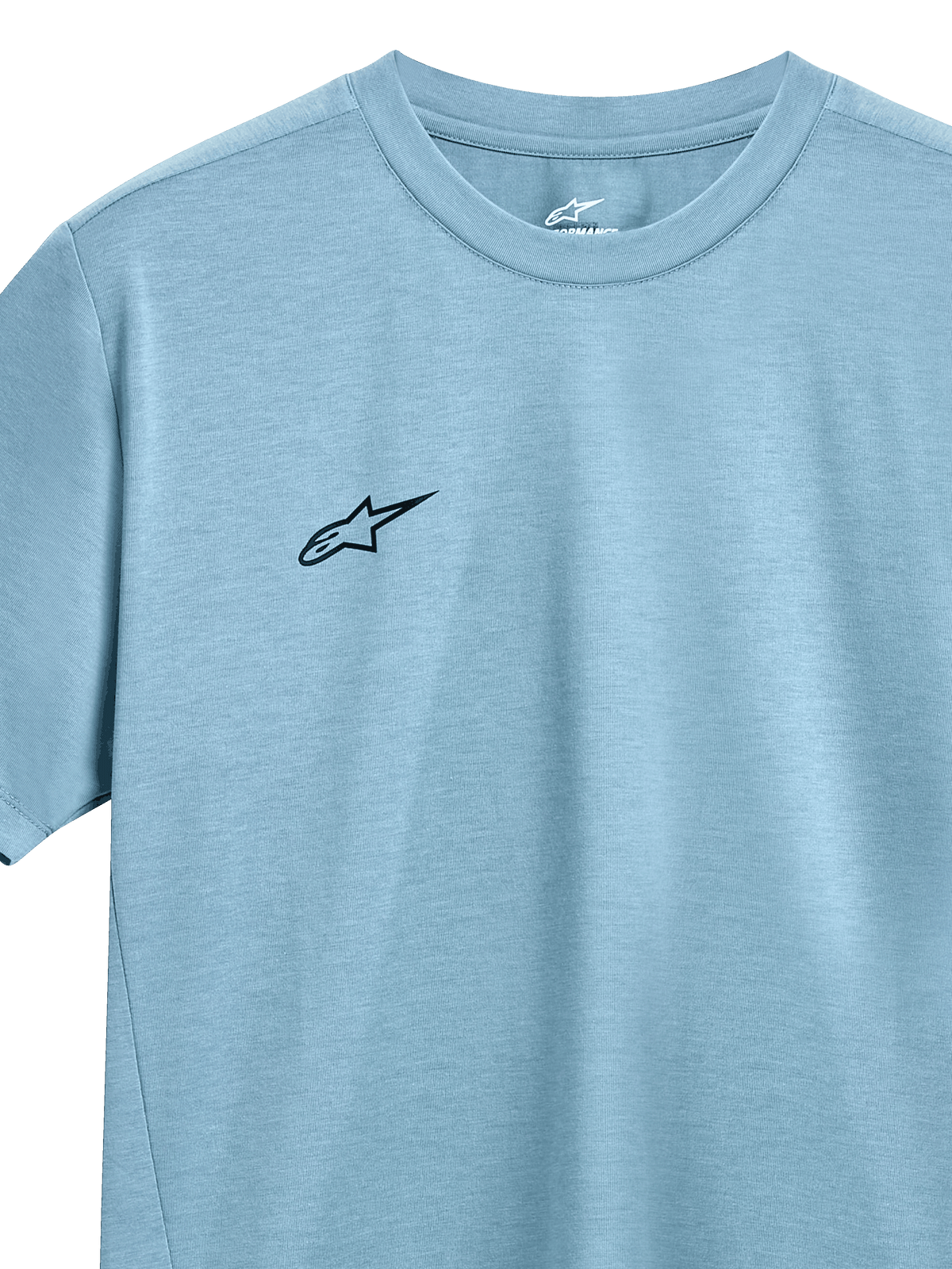 Alpinestars Point Performance Tee, Short Sleeve T-Shirt, Ice Blue, small black Alpinestars logo on chest, crew neck, moisture-wicking performance fabric