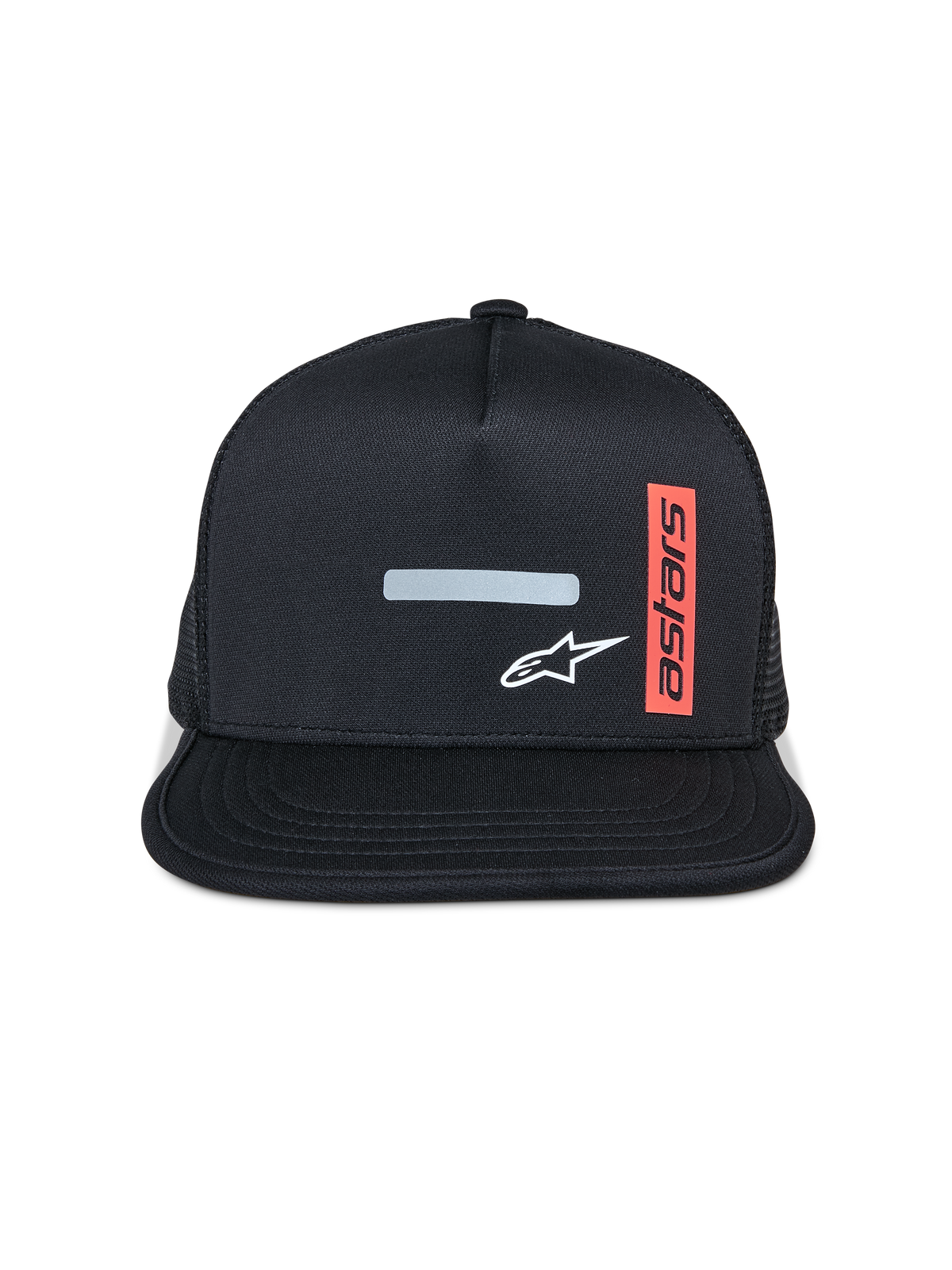 Alpinestars Alter Trucker Hat, Flat Bill Cap, Black with Mesh Back, Front Reflective Bar and White Star Logo, Vertical Red Label with Astars Text, Casual Motorsport Sportswear