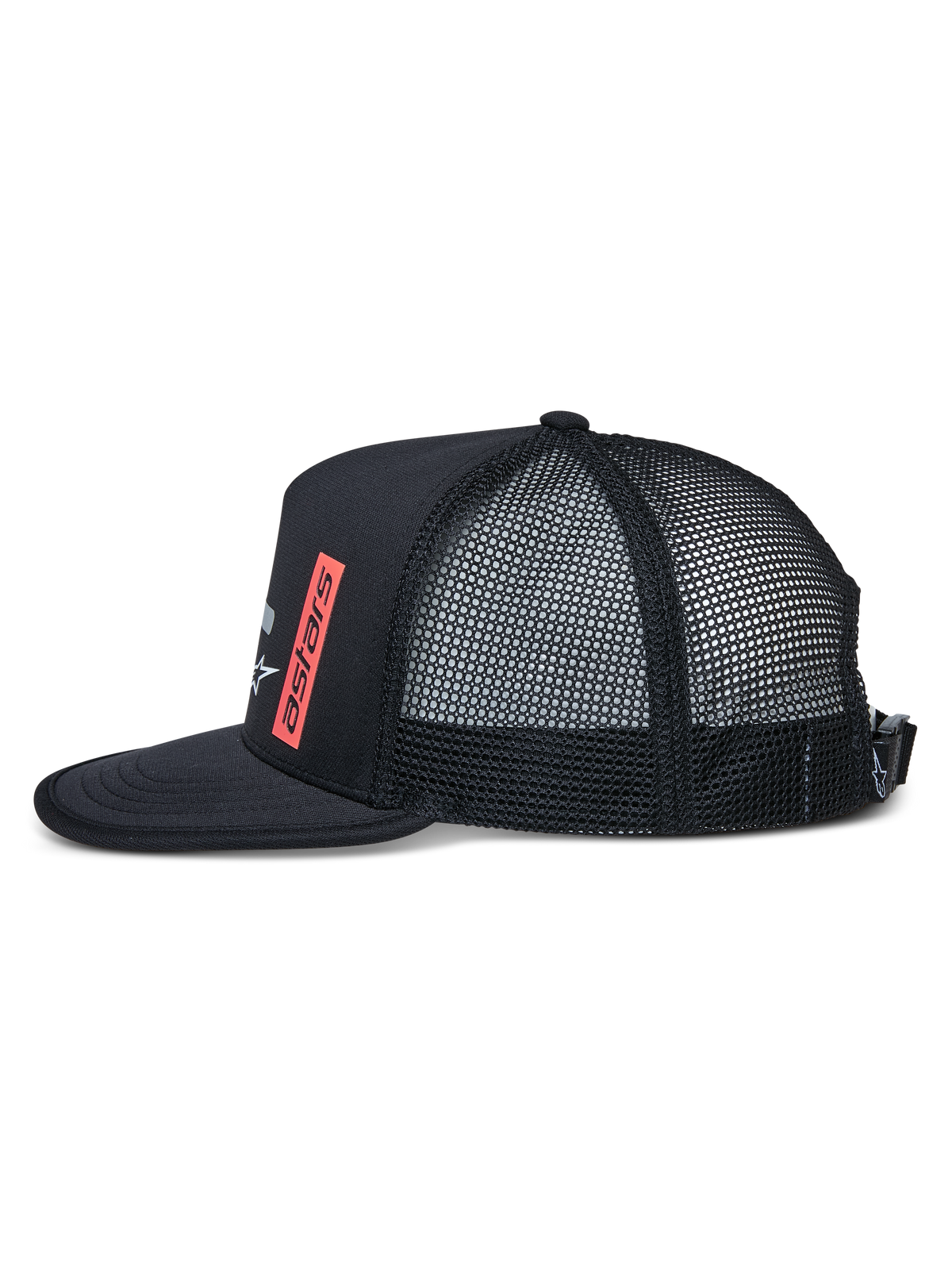 Alpinestars Alter Trucker Hat, side view, Black, flat bill with binding edge, structured crown with mesh back, red vertical astars logo print, adjustable buckle closure, casual sportswear hat