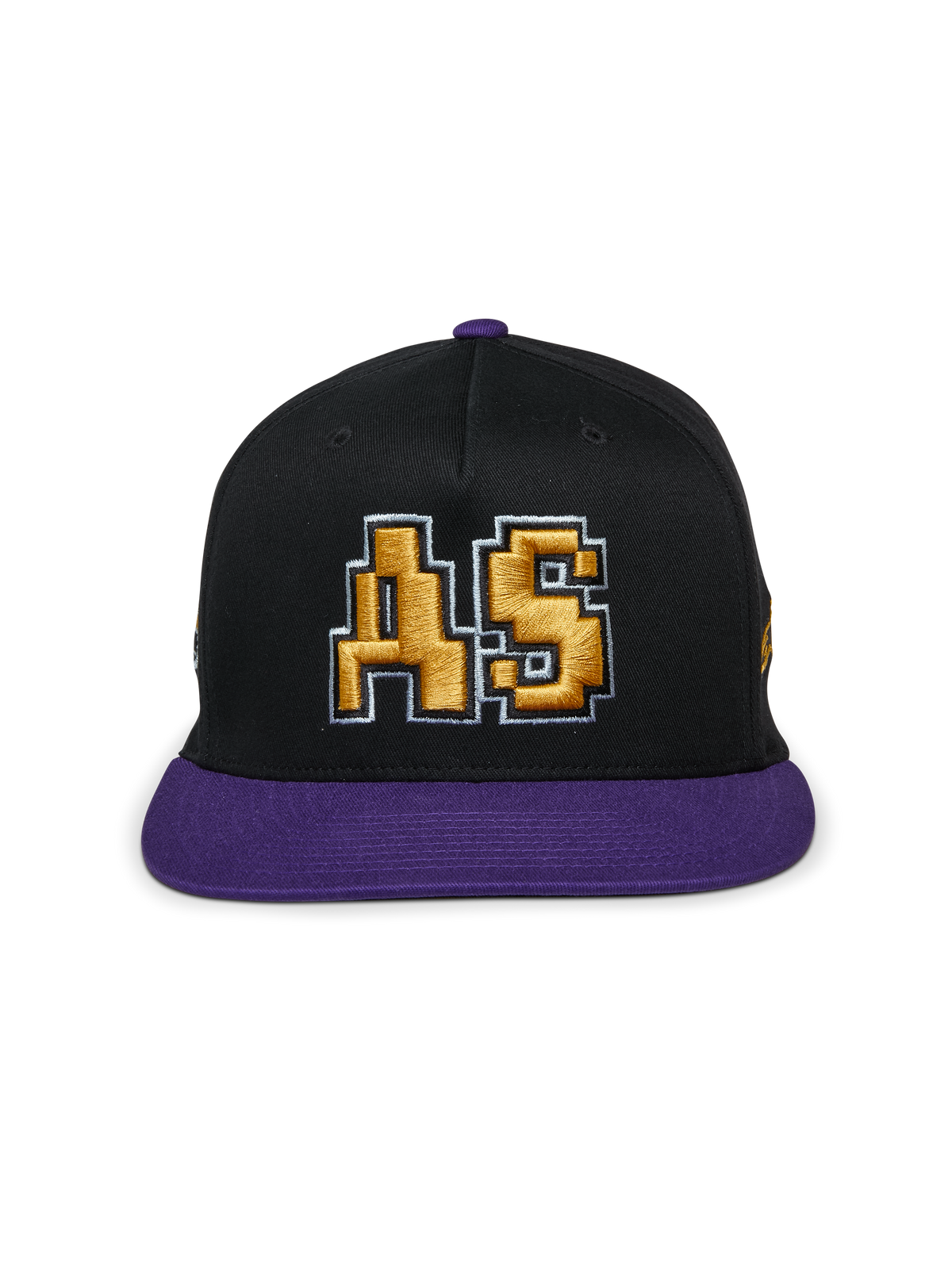Alpinestars Franchise Hat, black and purple flat bill cap, structured crown with purple bill and top button, featuring a gold 3D embroidered "AS" logo on the front, casual motorsport-inspired streetwear