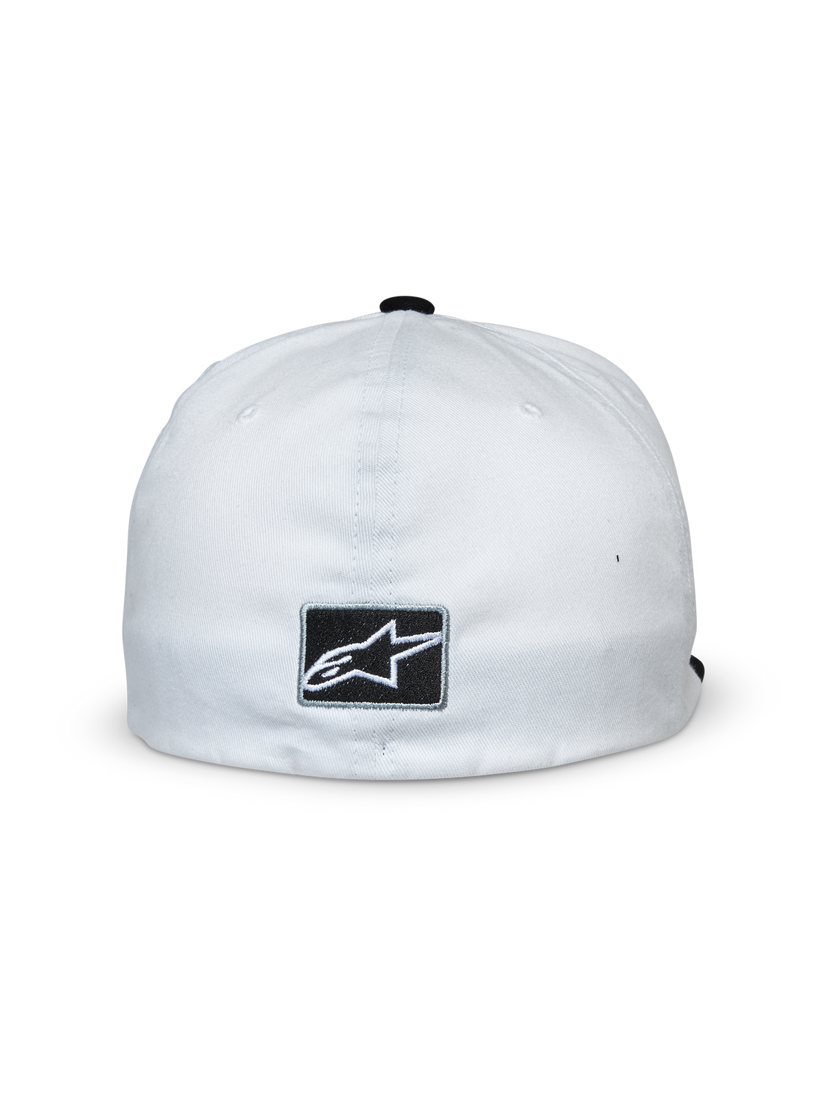 Alpinestars Franchise Hat, White and Black, back view featuring a black rectangular patch with white Alpinestars star logo, flex-back design, casual motorsport-inspired headwear