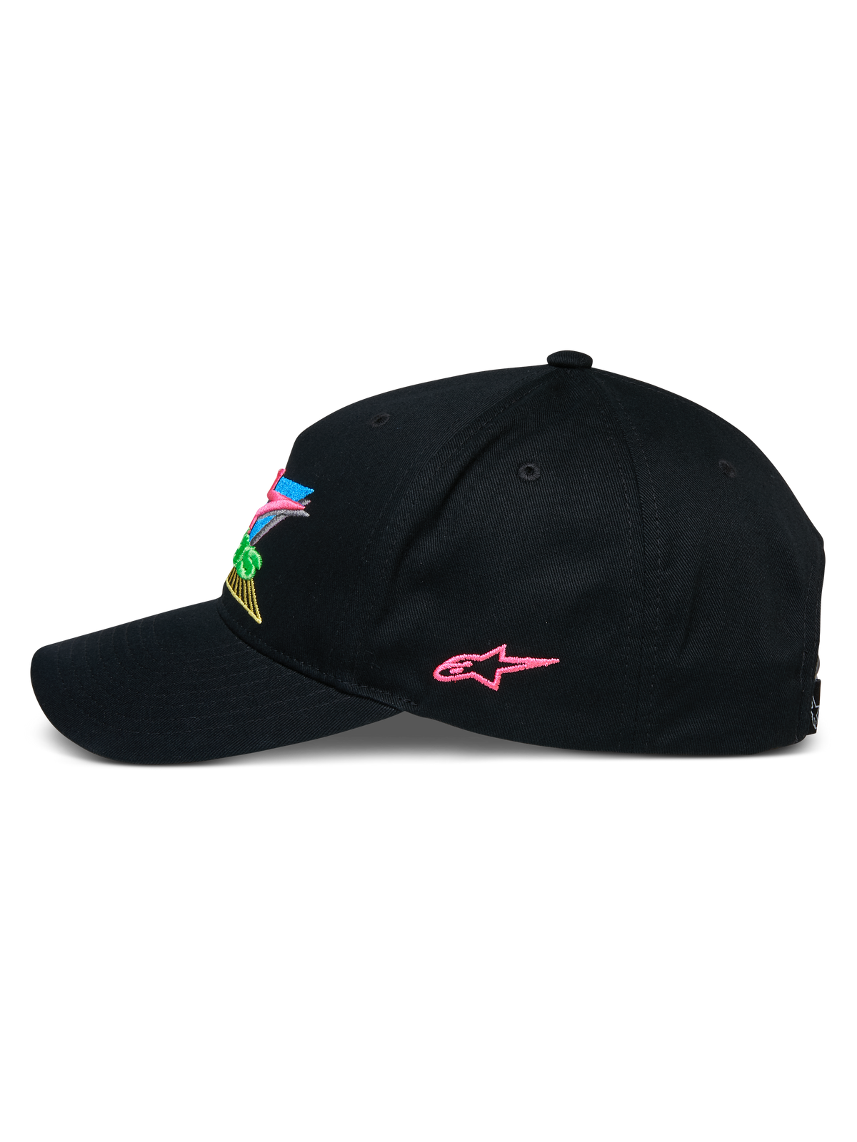 Alpinestars Vivid Hat, Black Snapback Baseball Cap, side profile featuring a pink embroidered star logo and colorful 3D front branding, curved bill, casual motorsport-inspired streetwear