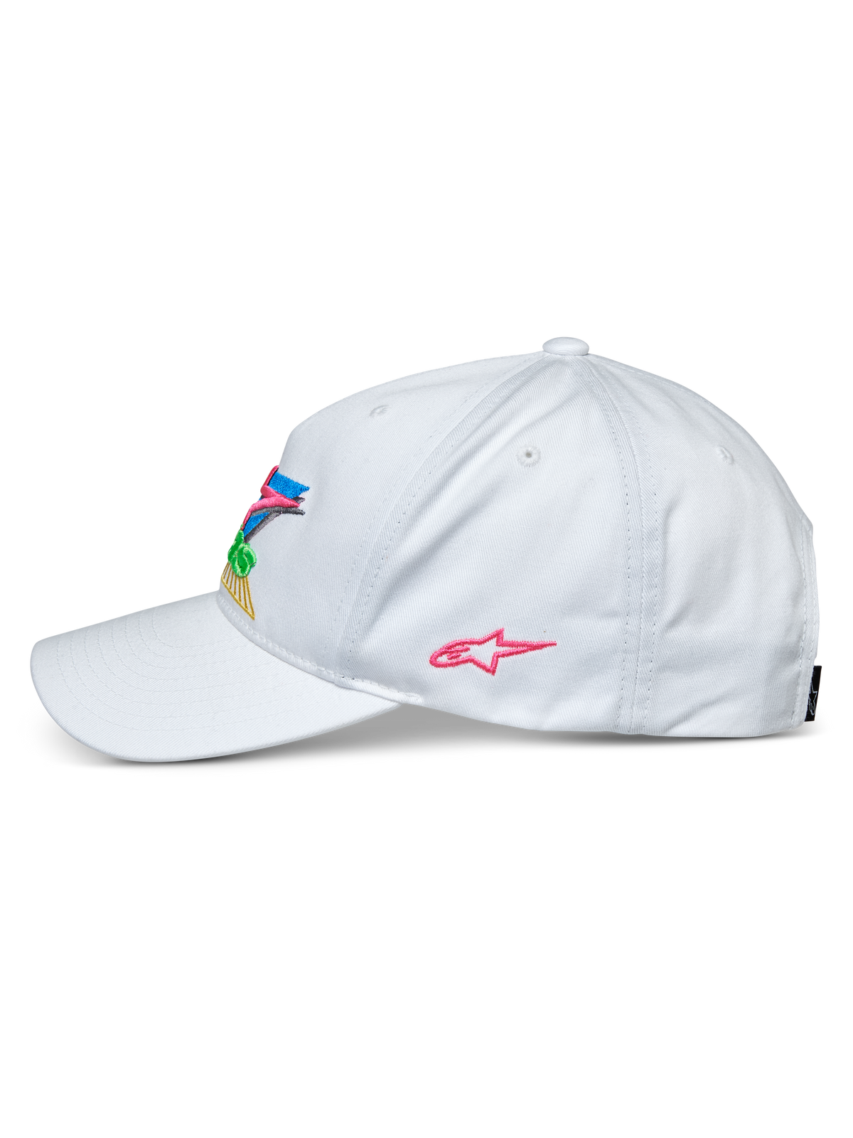 Alpinestars Vivid Hat, White, side view of a baseball cap, curved bill and semi-structured low crown, featuring colorful 3D embroidery on the front and a pink star logo on the side, casual sportswear headwear