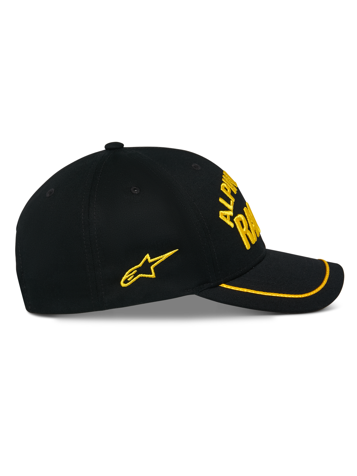 Alpinestars Luminary Hat, Black Snapback Cap, side view, curved bill with yellow sutache trim, yellow 3D embroidered logo and side star, 100% cotton twill, casual motorsport-inspired headwear