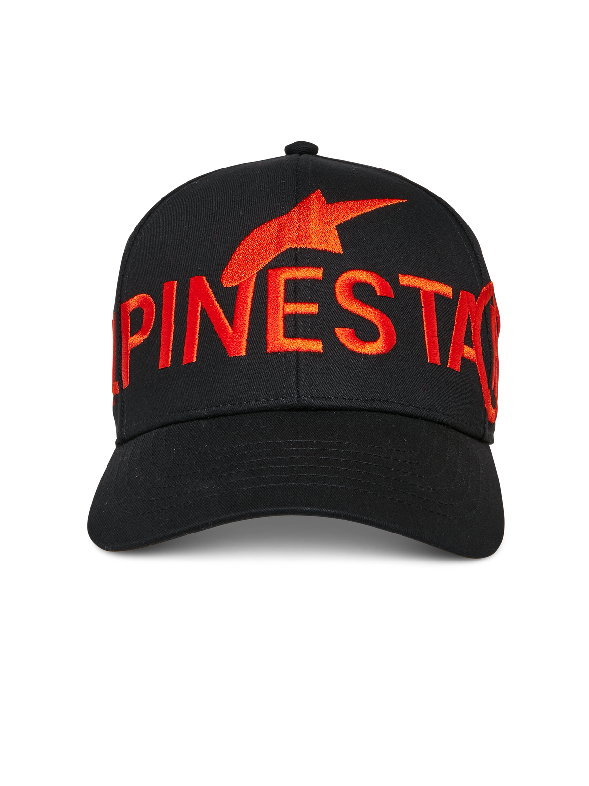 Alpinestars Committed Hat, Black snapback baseball cap, large red embroidered Alpinestars logo and text on front, curved bill, structured crown, casual motorsport streetwear