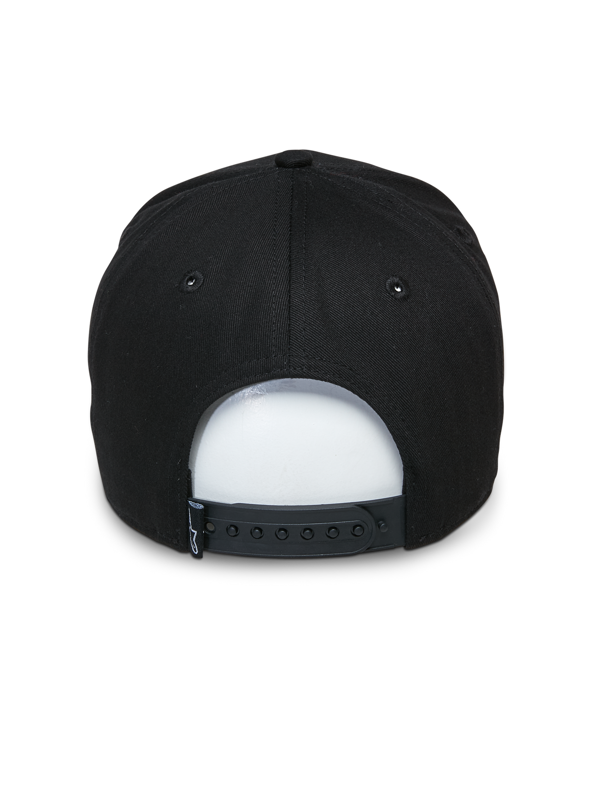 Alpinestars Committed Hat, Black Snapback Hat, back view featuring adjustable snap closure and small woven label, structured crown, casual motorsport-inspired headwear