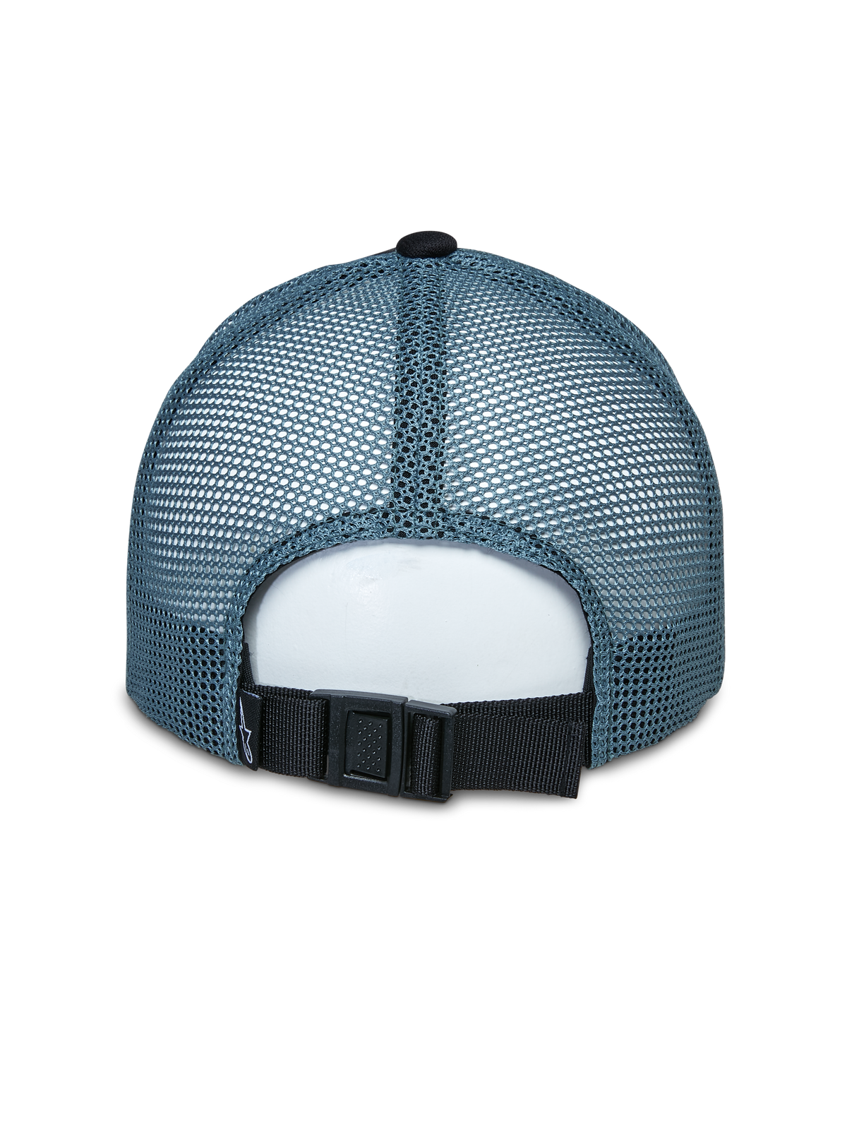 Alpinestars Vital Trucker Hat, rear view, blue mesh back panels, black adjustable buckle strap, structured crown, casual sportswear headwear