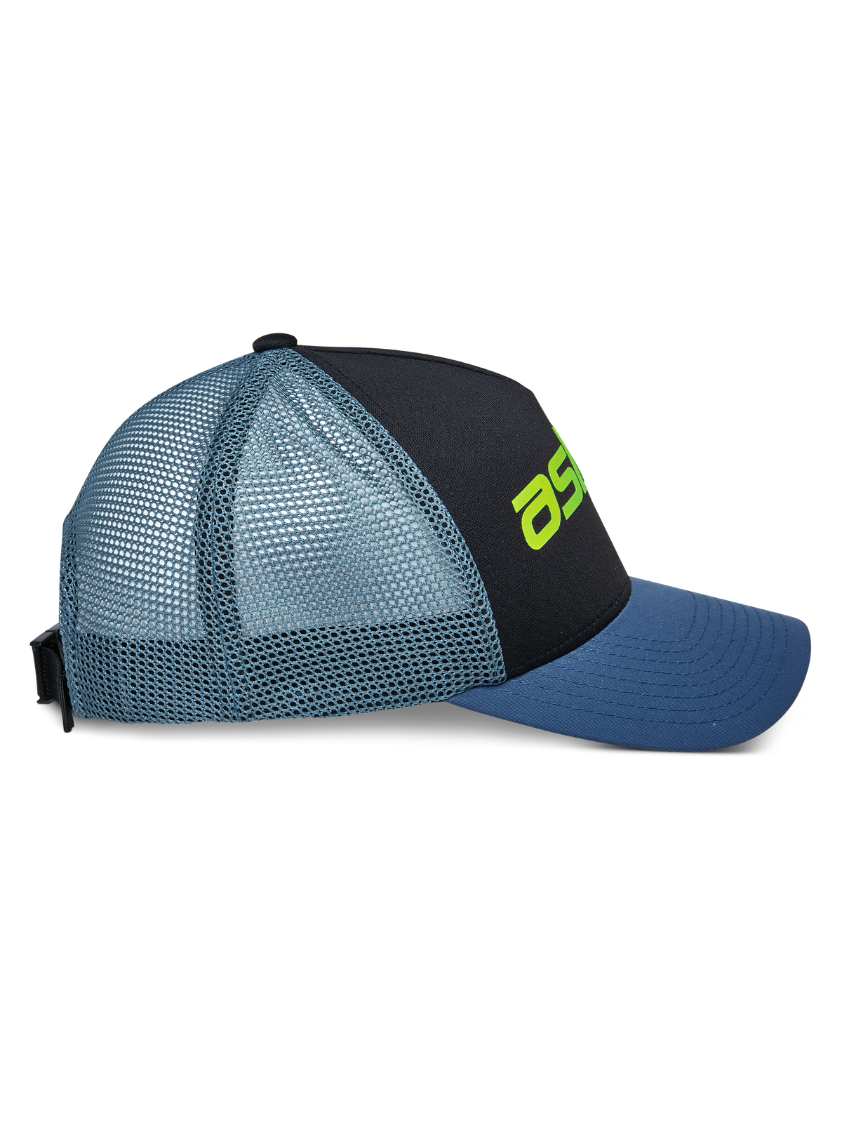 Alpinestars Vital Trucker Hat, side view, black front panel with blue curved bill and light blue mesh back, lime green logo detail, structured crown, casual motorsport-inspired headwear