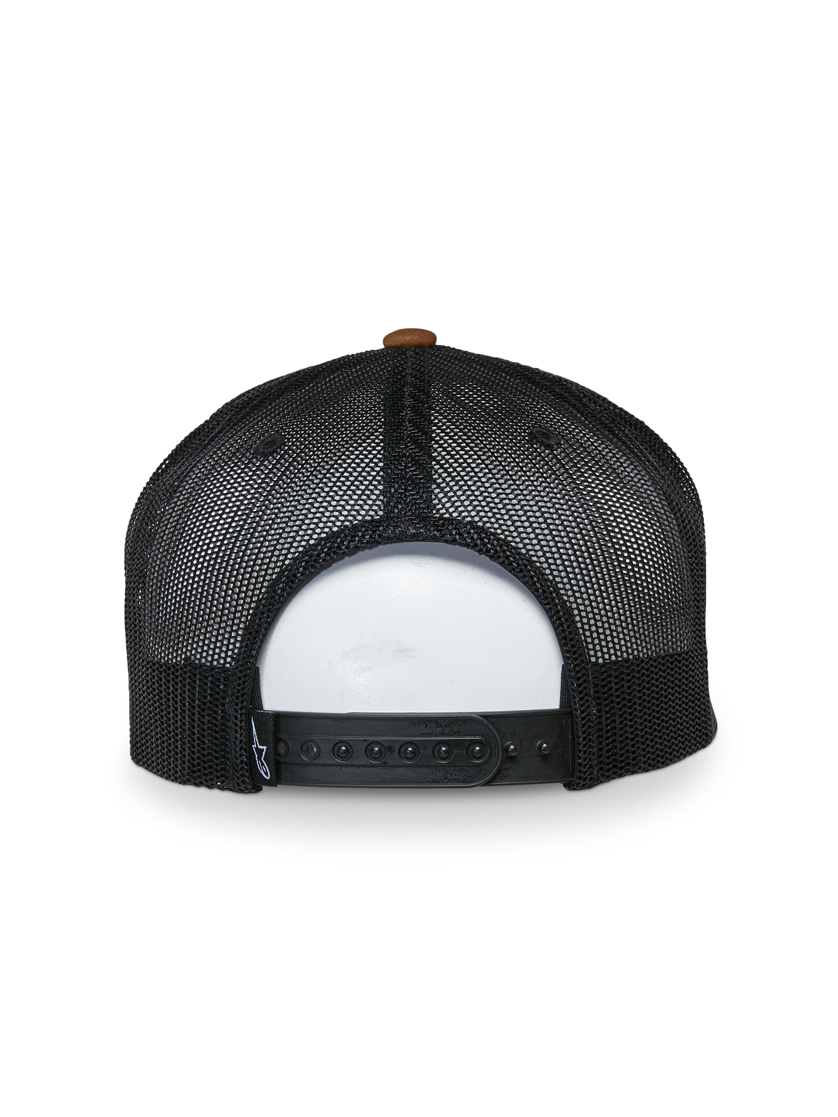 Alpinestars Mackinic Trucker Hat, Rear View, Black Mesh Panels with Brown Top Button, Adjustable Snapback Closure, Casual Sportswear Accessory