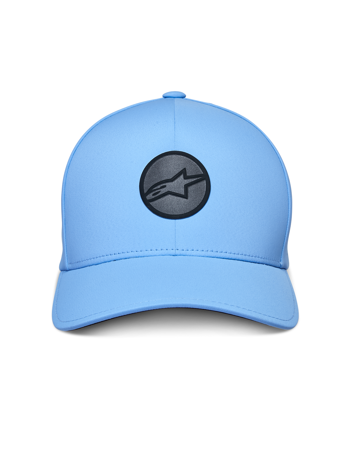 Alpinestars Apex Hat, Sportswear Hat, Light Blue, featuring a circular black reflective logo on the front, curved bill, structured crown, and technical stitchless bonded construction