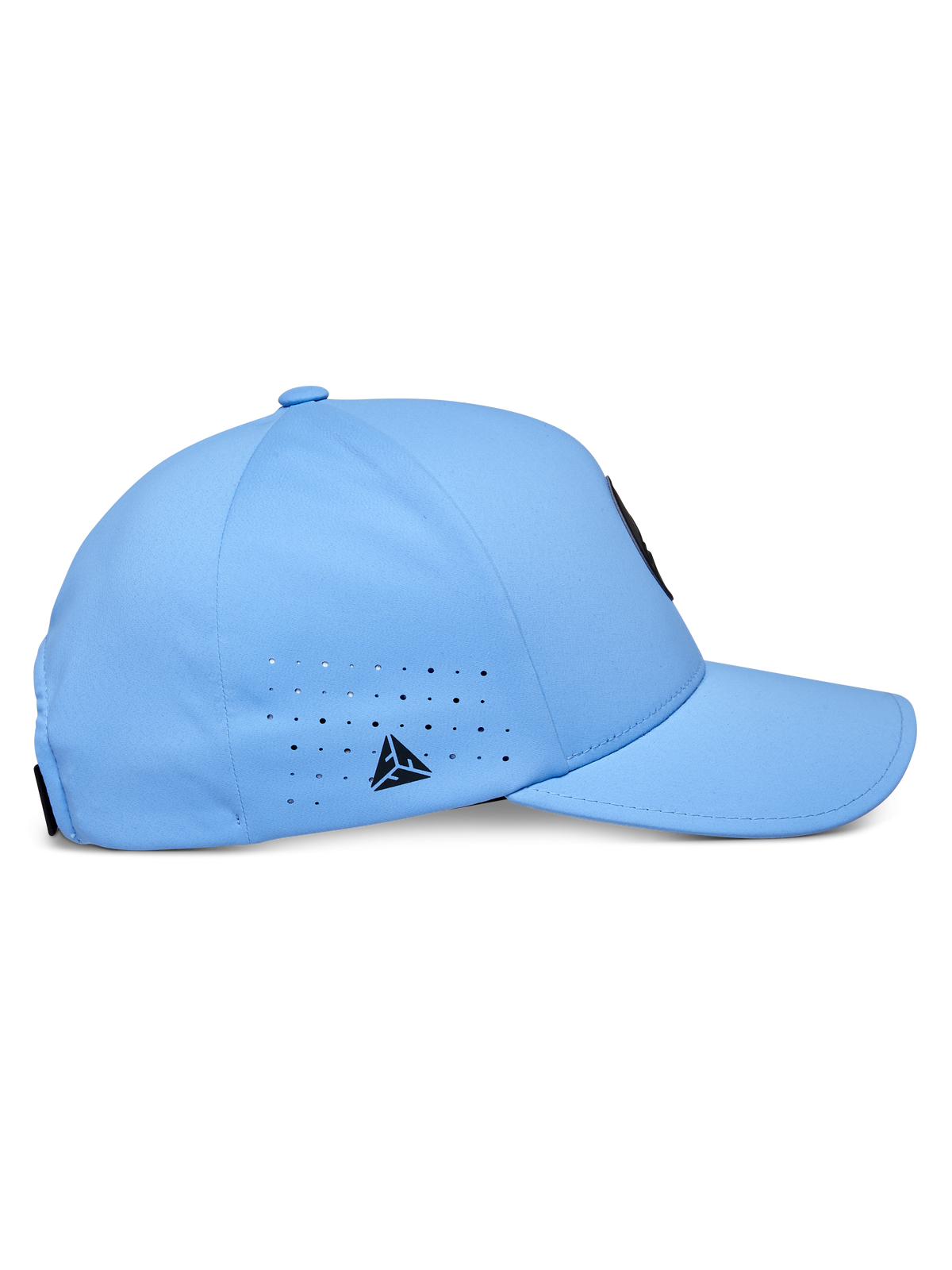 Alpinestars Apex Hat, Blue, technical baseball cap, side profile featuring curved bill and structured crown, laser-cut ventilation holes with a small black triangular logo, modern moisture-wicking fabric
