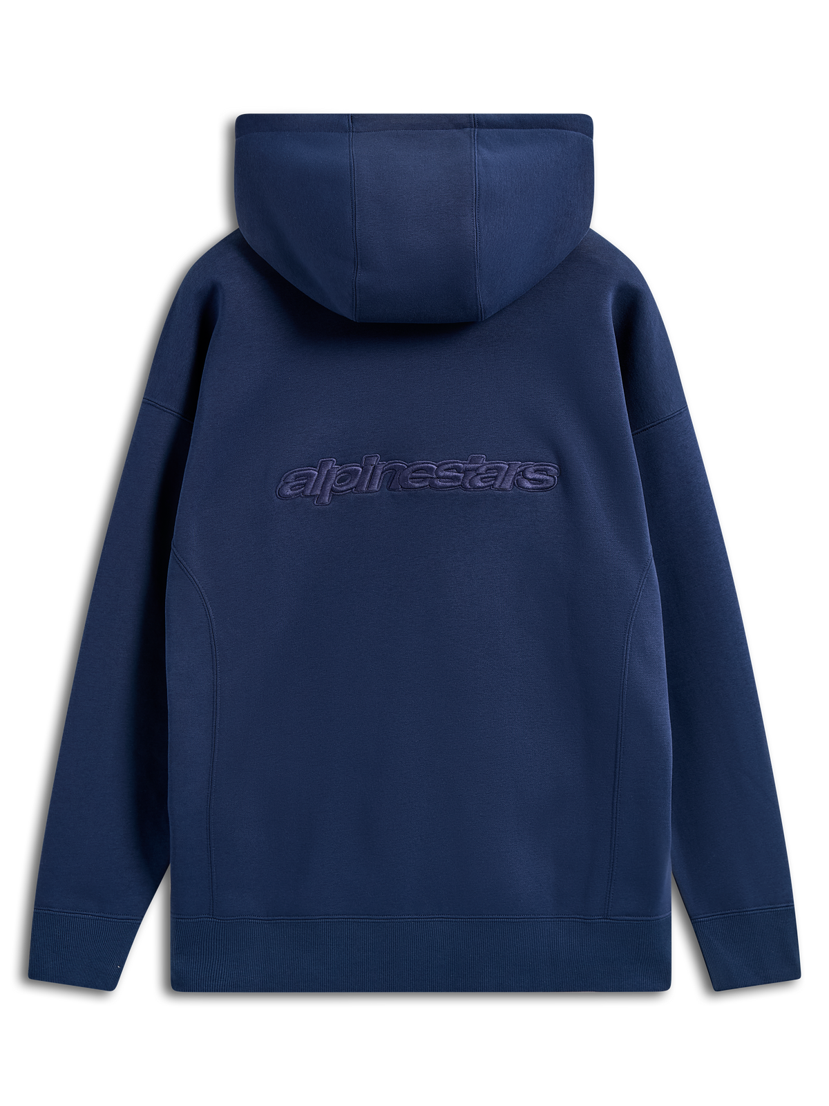 Alpinestars Emergent Oversized Hoodie, Navy Blue, back view featuring embroidered Alpinestars word logo, oversized fit pullover fleece, casual streetwear with drawstring hood and ribbed cuffs