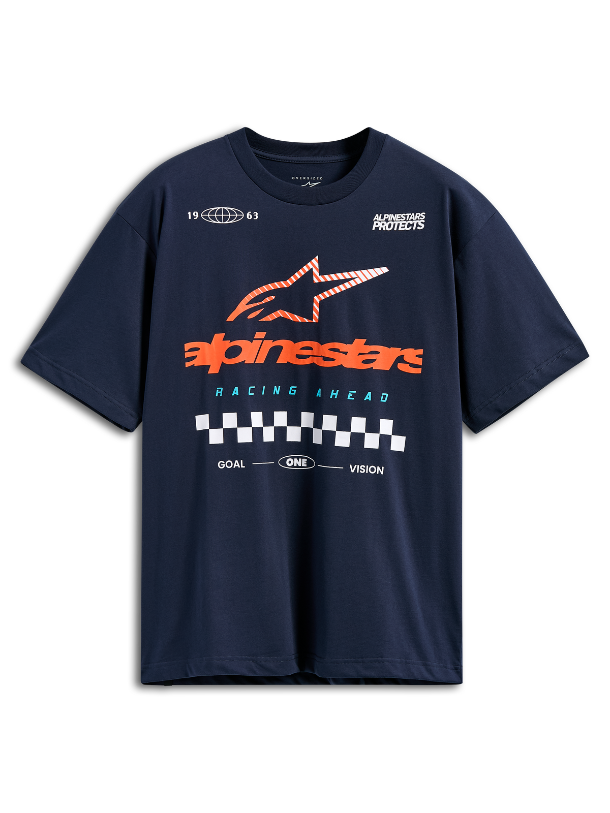 Alpinestars Aplomb Oversized CSF Tee, Short Sleeve T-Shirt, Navy Blue, Large Orange Alpinestars Logo with Striped Star and Checkered Flag Detail, Casual Motorsport Streetwear