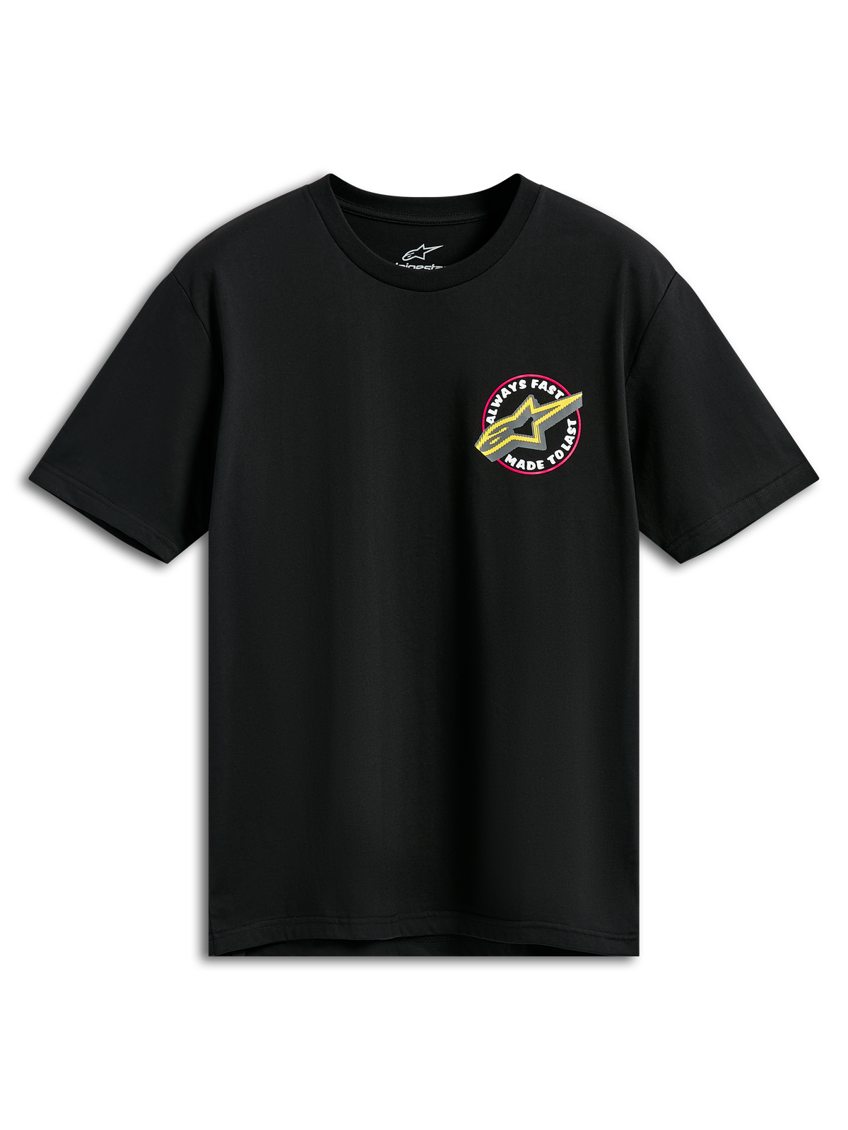 Alpinestars Aorbit CSF Tee, Short Sleeve T-Shirt, Black, Pink and Yellow Astars Logo with Always Fast Made to Last graphic, Casual Motorsport Sportswear