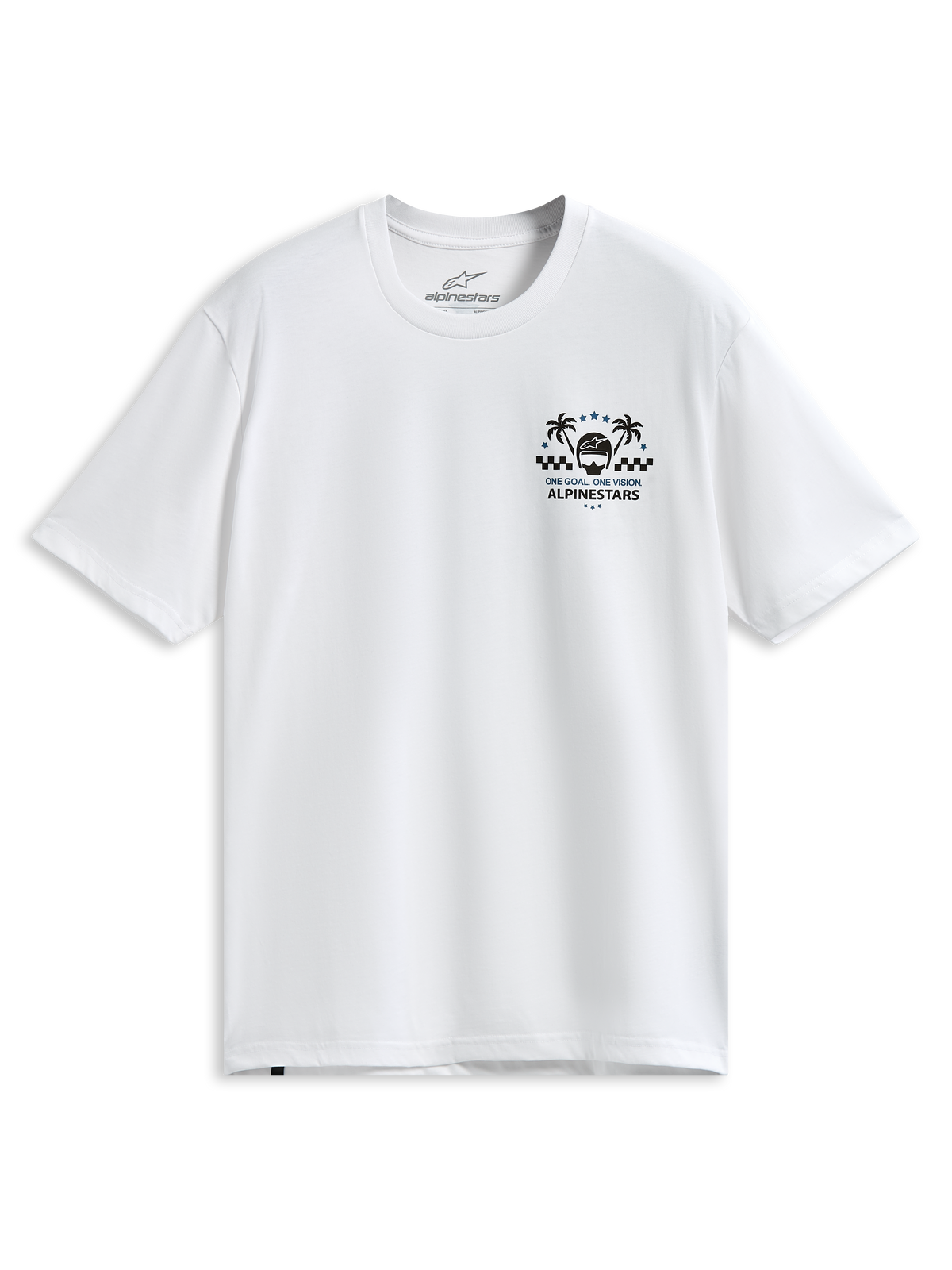 Alpinestars Order CSF Tee, Short Sleeve T-Shirt, White, Chest Graphic with Palm Trees and Racing Helmet, One Goal One Vision Text, Casual Motorsport Sportswear