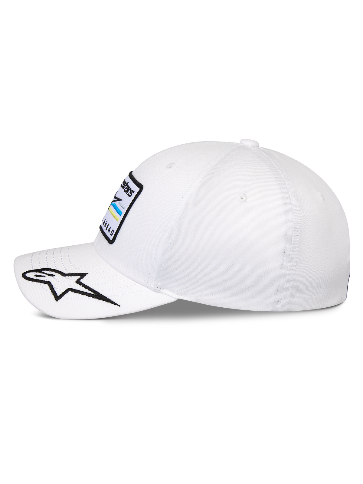 Alpinestars Surpass Hat, Structured Baseball Cap, White, curved bill with embroidered black and white star logo, side profile view showing front Astars logo patch, casual motorsport-inspired headwear