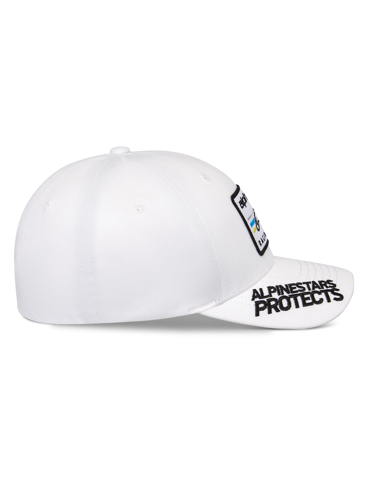 Alpinestars Surpass Hat, White, curved bill with 'ALPINESTARS PROTECTS' black embroidery, structured crown with front logo patch, casual sportswear baseball cap