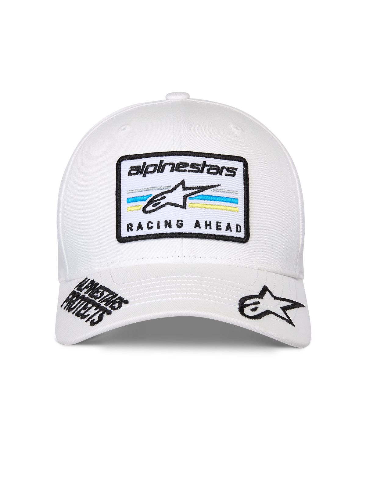 Alpinestars Surpass Hat, White Baseball Cap, curved bill with structured crown, front central patch with 'alpinestars' branding and 'RACING AHEAD' text over blue and yellow stripes, black embroidered logos on the brim, casual motorsport headwear