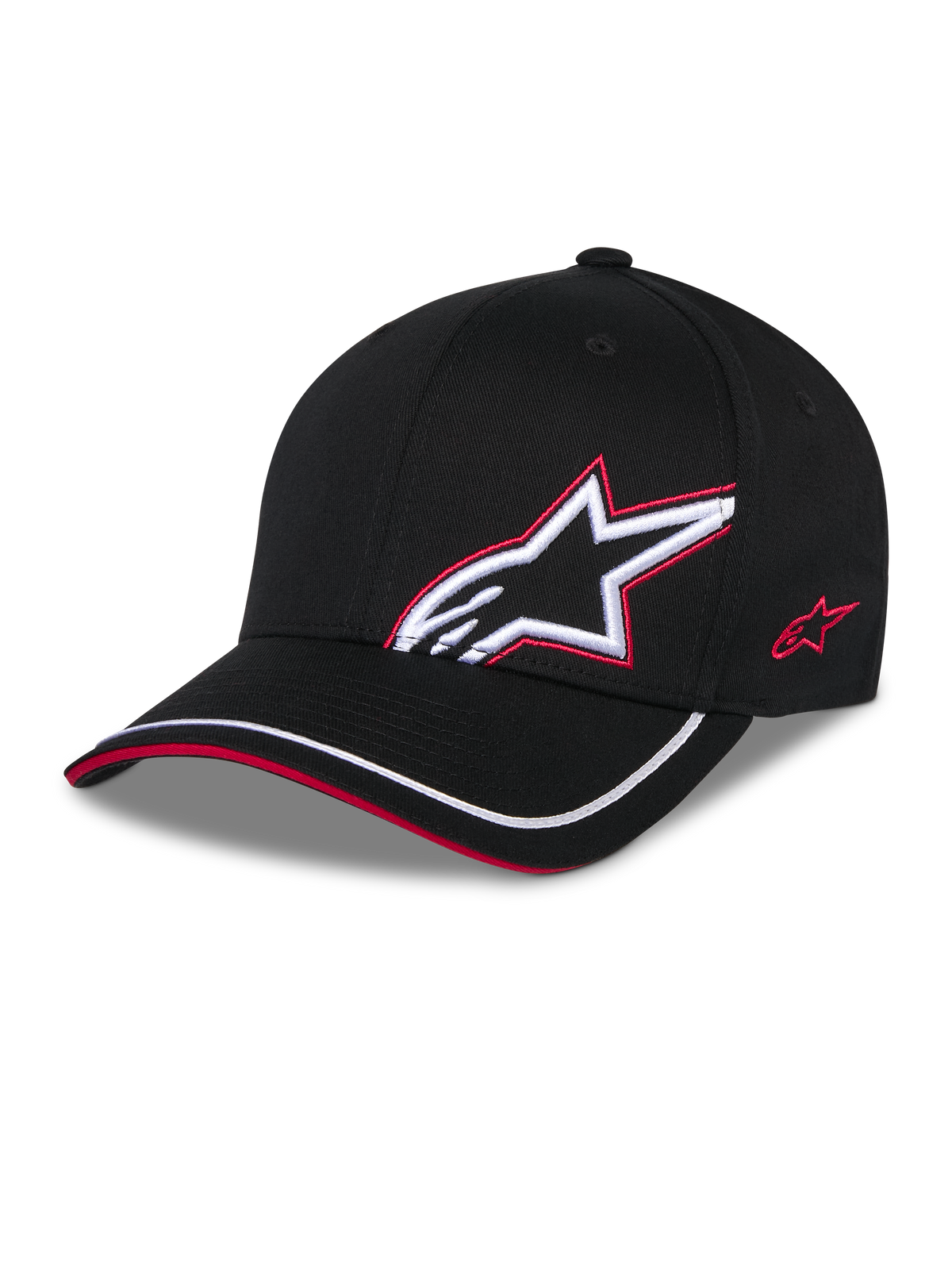 Alpinestars Corp Shift Relay Hat, Black, structured twill baseball cap with curved bill, white 3D Astars logo with red embroidery outline on the front, red logo on the side, white trim on the brim with red sandwich detail, casual motorsport-inspired headwear.