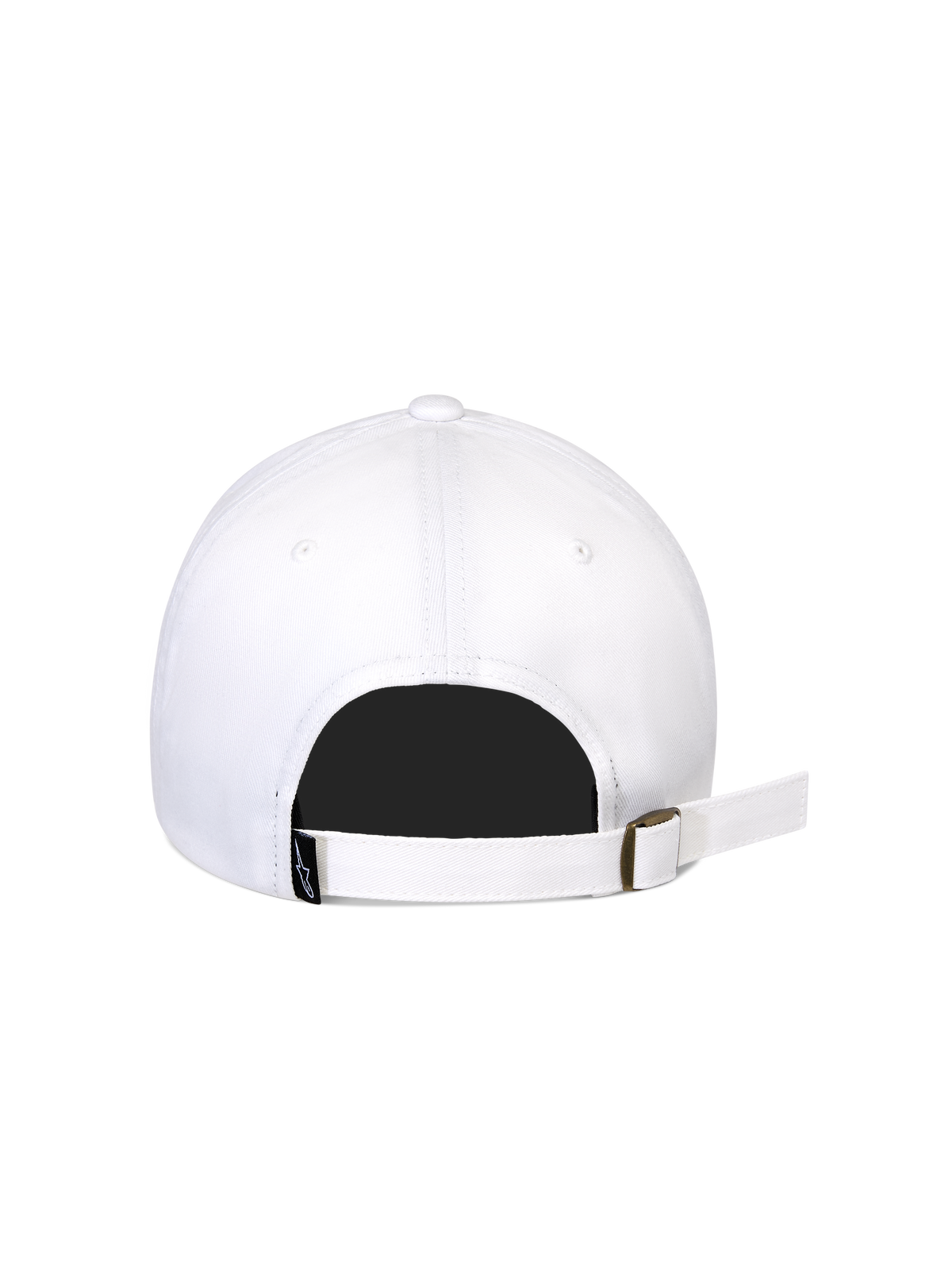 Alpinestars Calipalm Strapback Hat, White, Rear view showing adjustable strapback closure with metal buckle, white cotton twill fabric, small black woven logo tag, casual sportswear design
