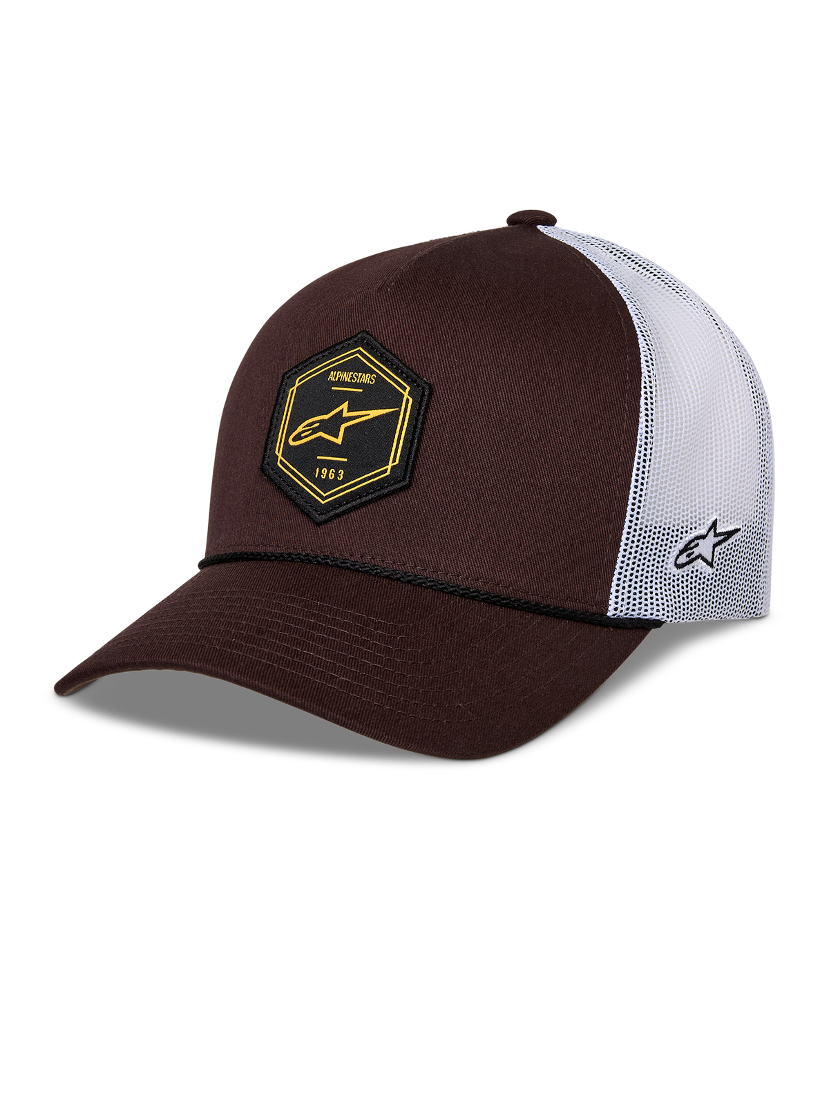 Alpinestars Hexeon Trucker Hat, Brown and White, curved bill with structured dark brown front and white mesh back, featuring a black hexagon front patch with yellow logo, side embroidered logo, and classic trucker styling.
