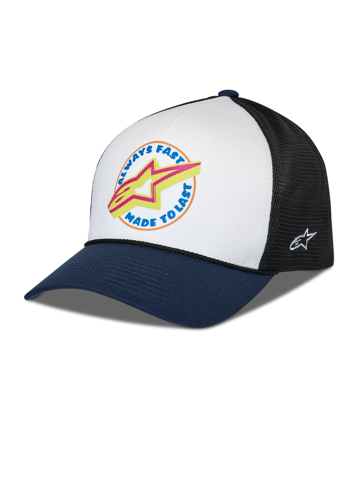 Alpinestars Aorbit Trucker Hat, White Navy and Black, curved navy bill with white front panel and black mesh back, front graphic with Always Fast Made to Last text and yellow Astars logo, side embroidered logo, casual motorsport-inspired headwear