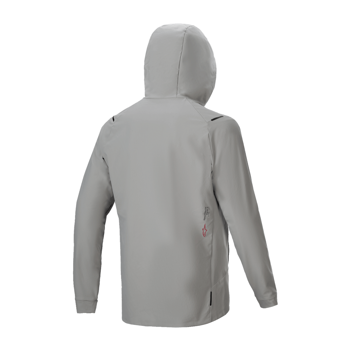 Alpinestars A-Dura Thermal Jacket, Insulated Cycling Jacket, Titanium Gray, back view with hood up, featuring a minimalist design with small logo detail on lower back, lightweight thermal performance for mountain biking.