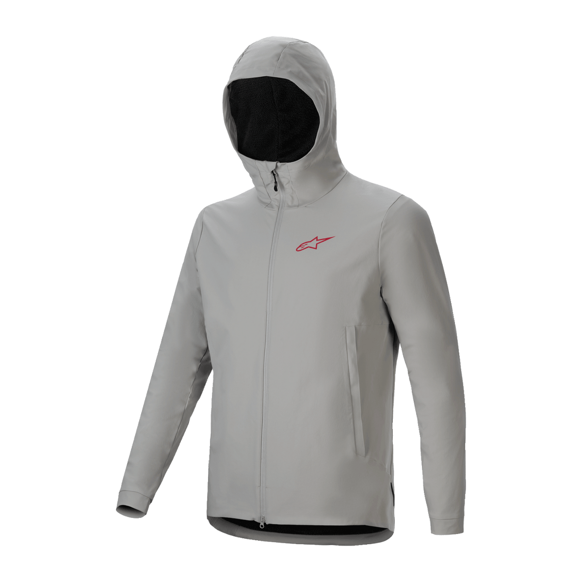 Alpinestars A-Dura Thermal Jacket, light gray Titanium cycling jacket featuring an insulated hood, red chest logo, and full-zip front, technical mountain bike gear for cold weather protection.
