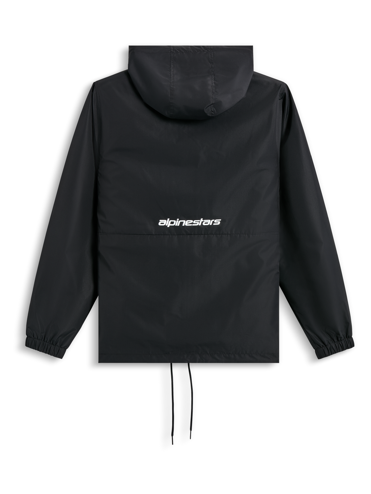 Alpinestars Speeder Chromium Windbreak Jacket, Black, back view showing hood, elastic cuffs, drawcord hem, and white word logo at the back