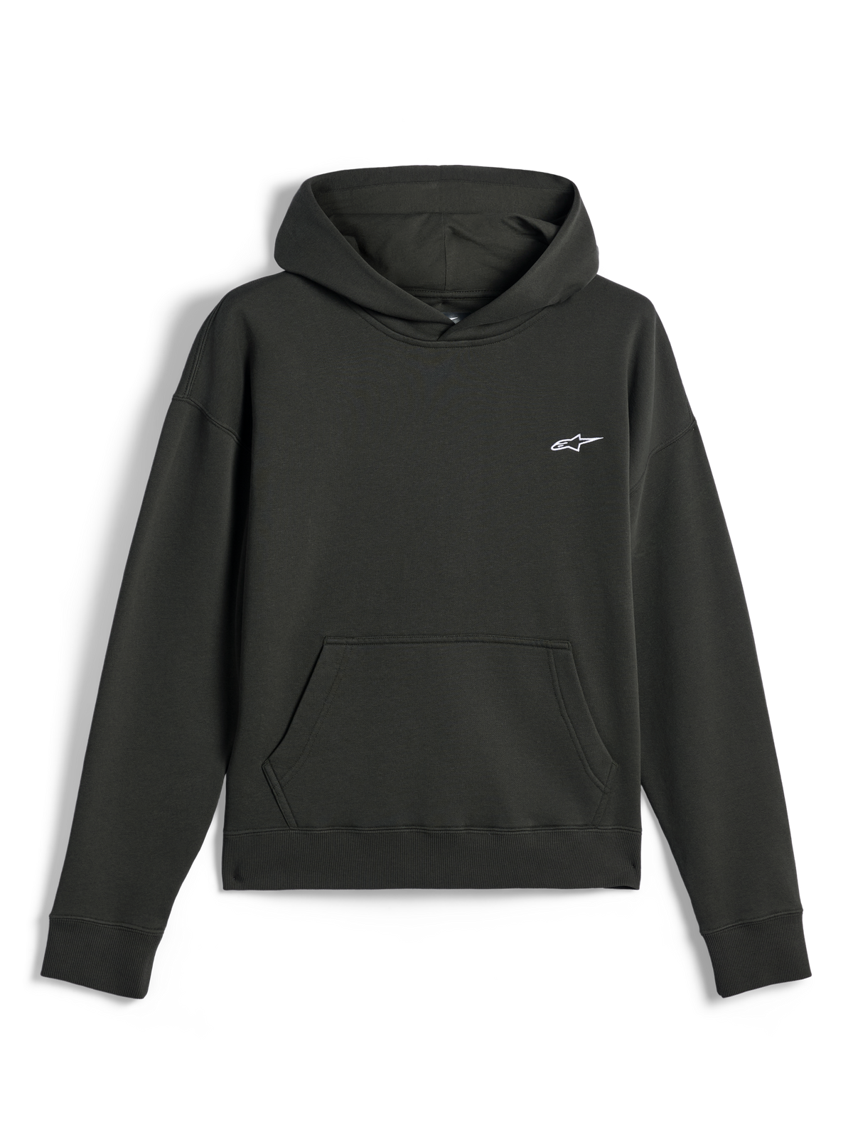 Alpinestars Essentials Ageless Hoodie, casual streetwear, Off Black with small white Astars logo, pullover with hood and front kangaroo pocket, premium stone-washed fleece finish