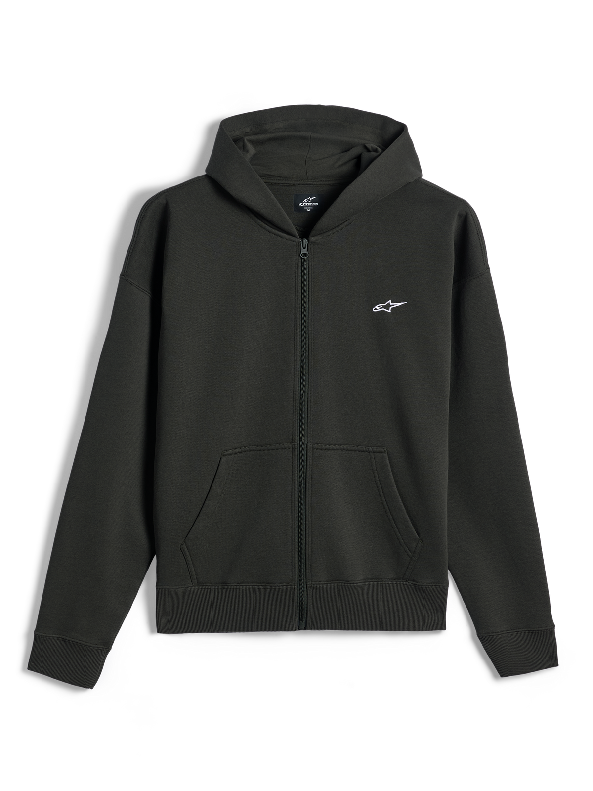 Alpinestars Essentials Ageless Zip Hoodie, full-zip fleece hoodie, Off Black, small white Alpinestars logo on the left chest, casual motorsport streetwear, featuring front pockets and ribbed cuffs