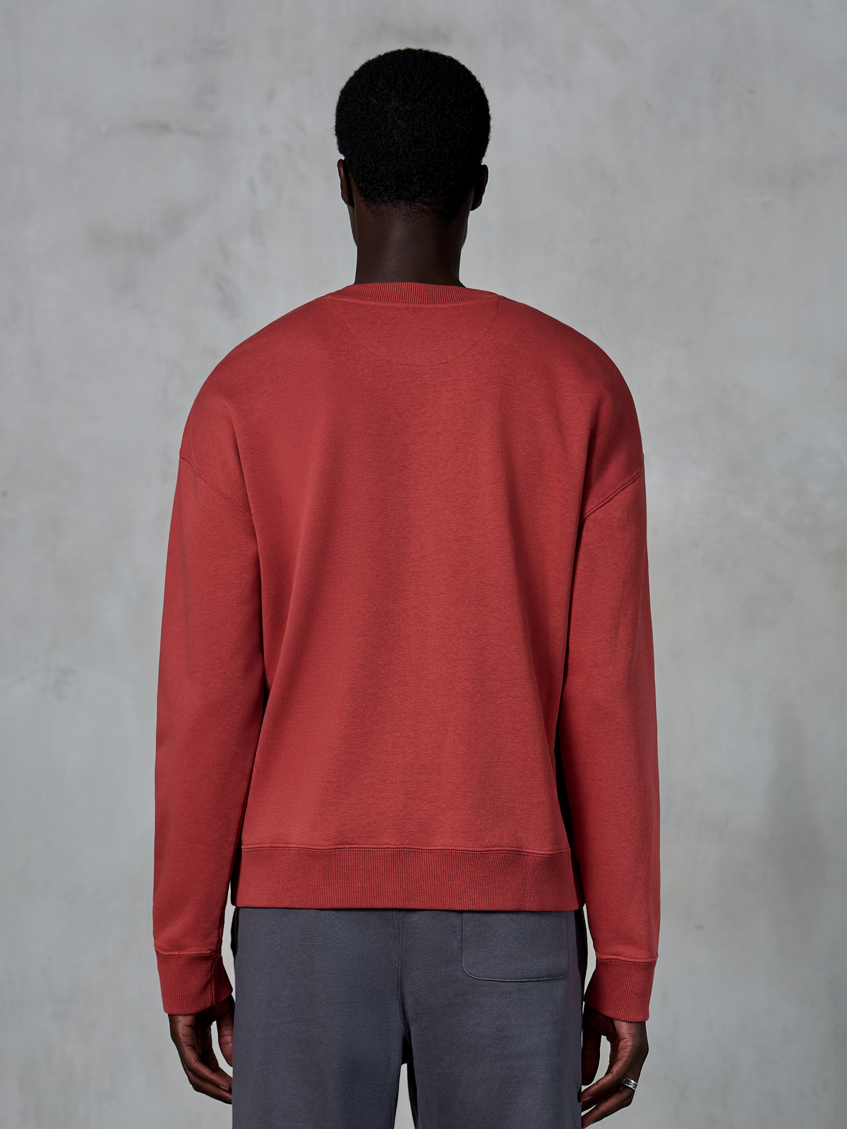 Alpinestars Essentials Ageless Crew, Brick Red crewneck sweatshirt, back view of model wearing relaxed fit pullover, ribbed collar and cuffs, casual motorsport-inspired streetwear
