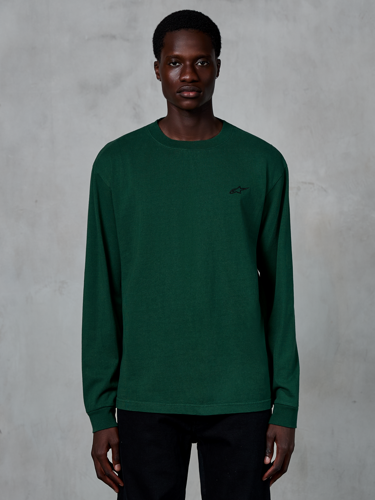 Alpinestars Essentials Ageless LS Tee, Long Sleeve T-Shirt, Pine Green, worn by model, small black logo on chest, casual streetwear, 100% organic cotton with stone wash finish