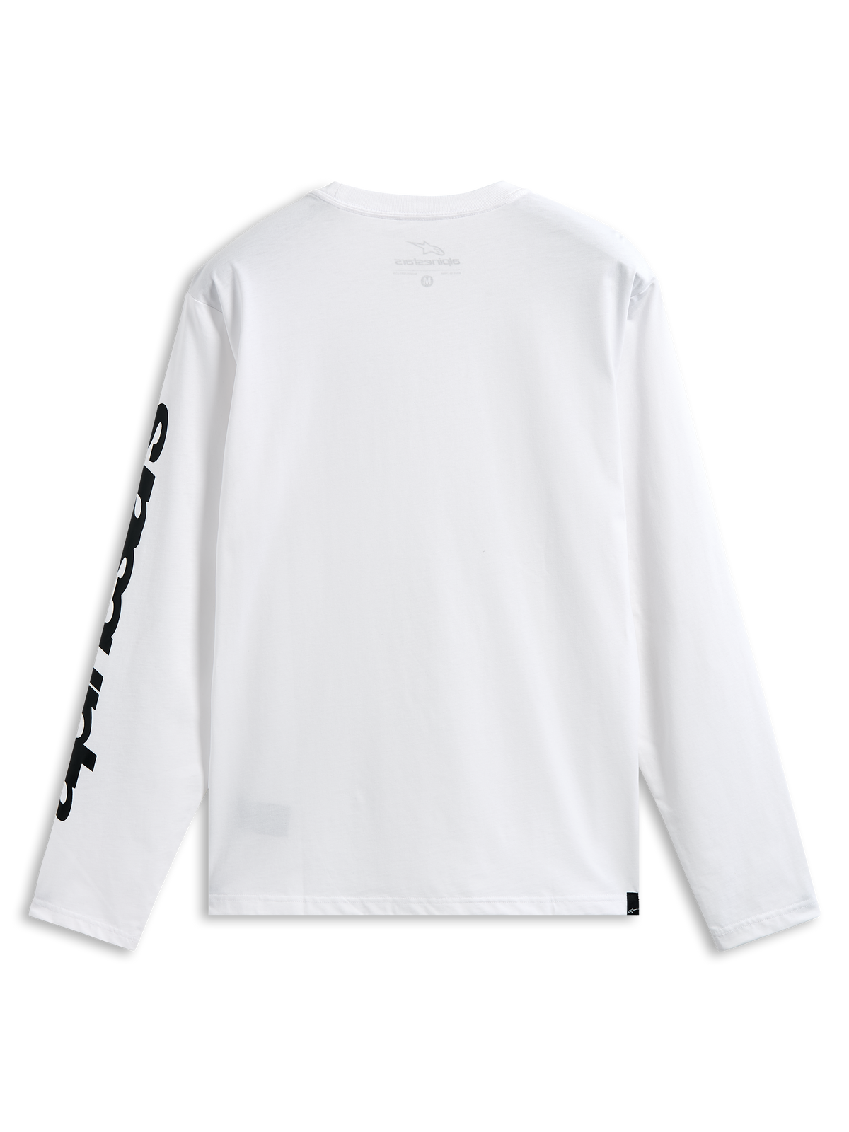 Alpinestars Trackside CSF Tee, Long Sleeve T-Shirt, White and Black, back view showing bold black graphic on the sleeve, casual motorsport-inspired streetwear