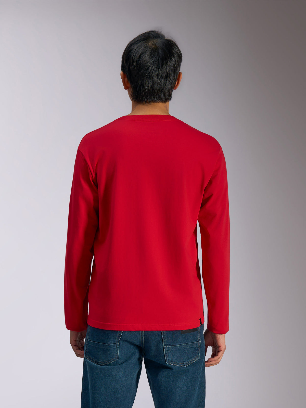 Alpinestars Trackside CSF Tee, Long Sleeve T-Shirt, Red, back view, worn by model with blue jeans, casual motorsport-inspired sportswear