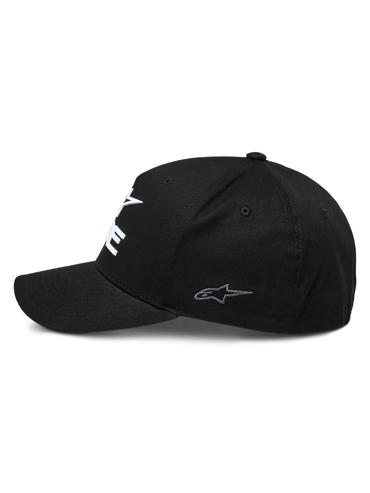 Alpinestars Ride Sonic Hat, structured baseball cap, Black, side profile view featuring a curved bill and small grey embroidered star logo on the side panel, stretch twill fabric, casual motorsport headwear