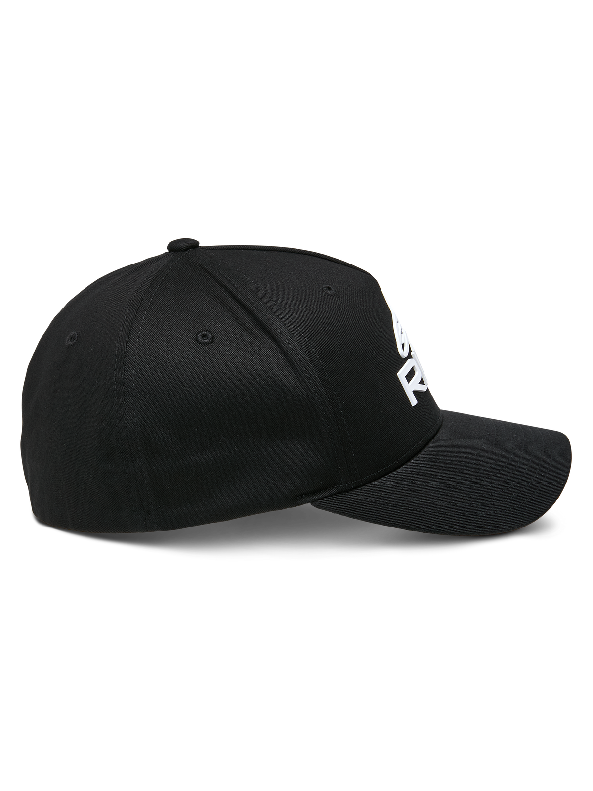 Alpinestars Ride Sonic Hat, side profile view, black with white 3D embroidered logo, curved bill, structured crown, stretch twill fabric, casual motorsport headwear