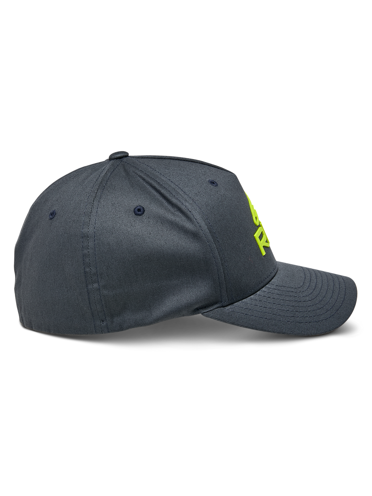 Alpinestars Ride Sonic Hat, side profile view, charcoal gray with hi-vis yellow 3D embroidered logo, curved bill and structured crown, stretch twill casual motorsport headwear