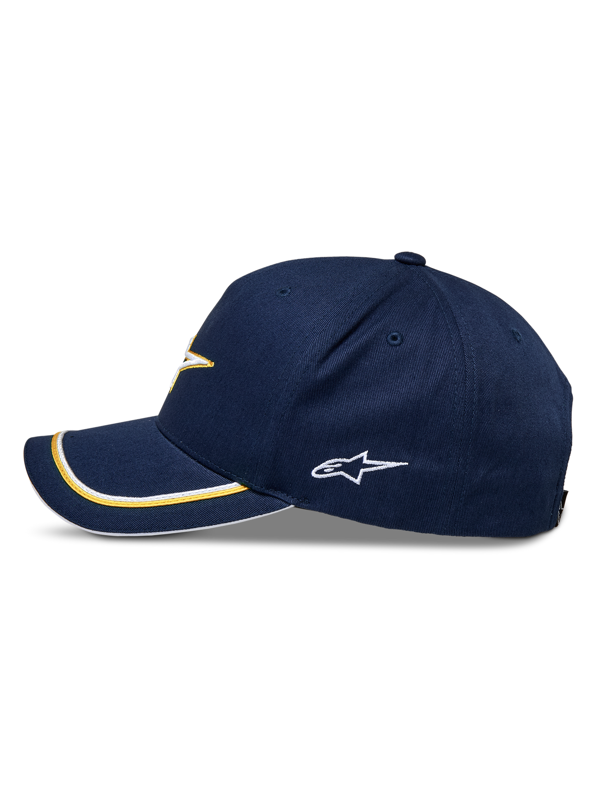 Alpinestars Ascension Snapback Hat, Navy Gold, side profile featuring a curved bill with gold and white double sutache trim, embroidered side logo, casual motorsport streetwear