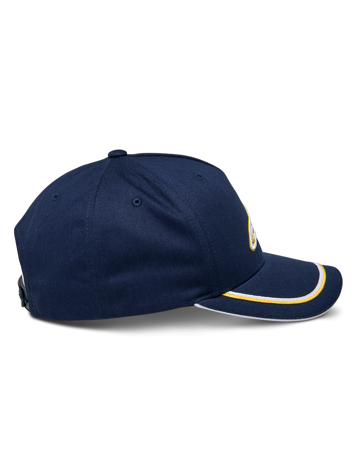 Alpinestars Ascension Snapback Hat, side view, Navy blue with gold and white sutache trim on the curved bill, structured crown, casual motorsport headwear